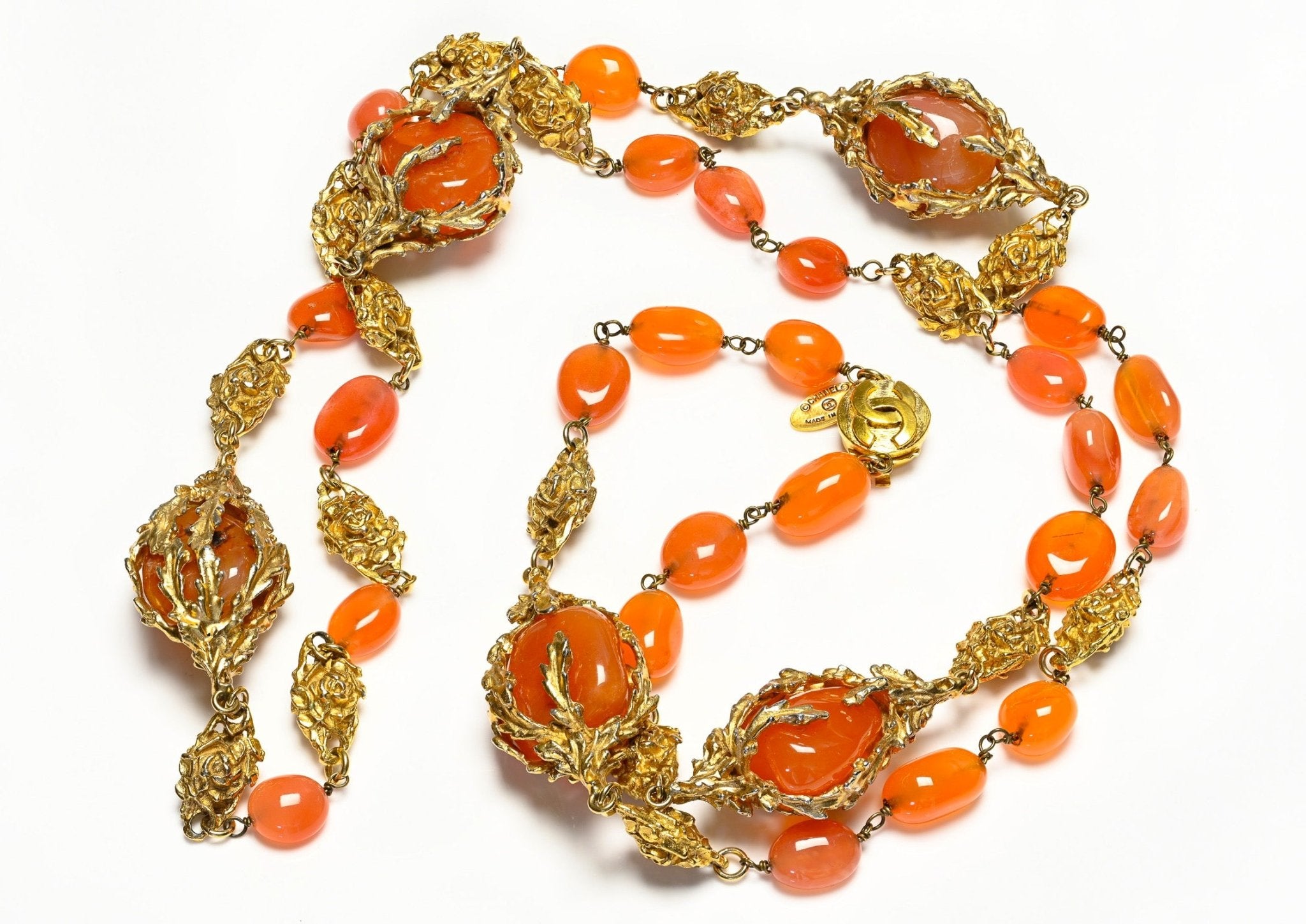 Vintage Chanel Paris by Goossens Carnelian Beads Camellia Flower Sautoir Necklace