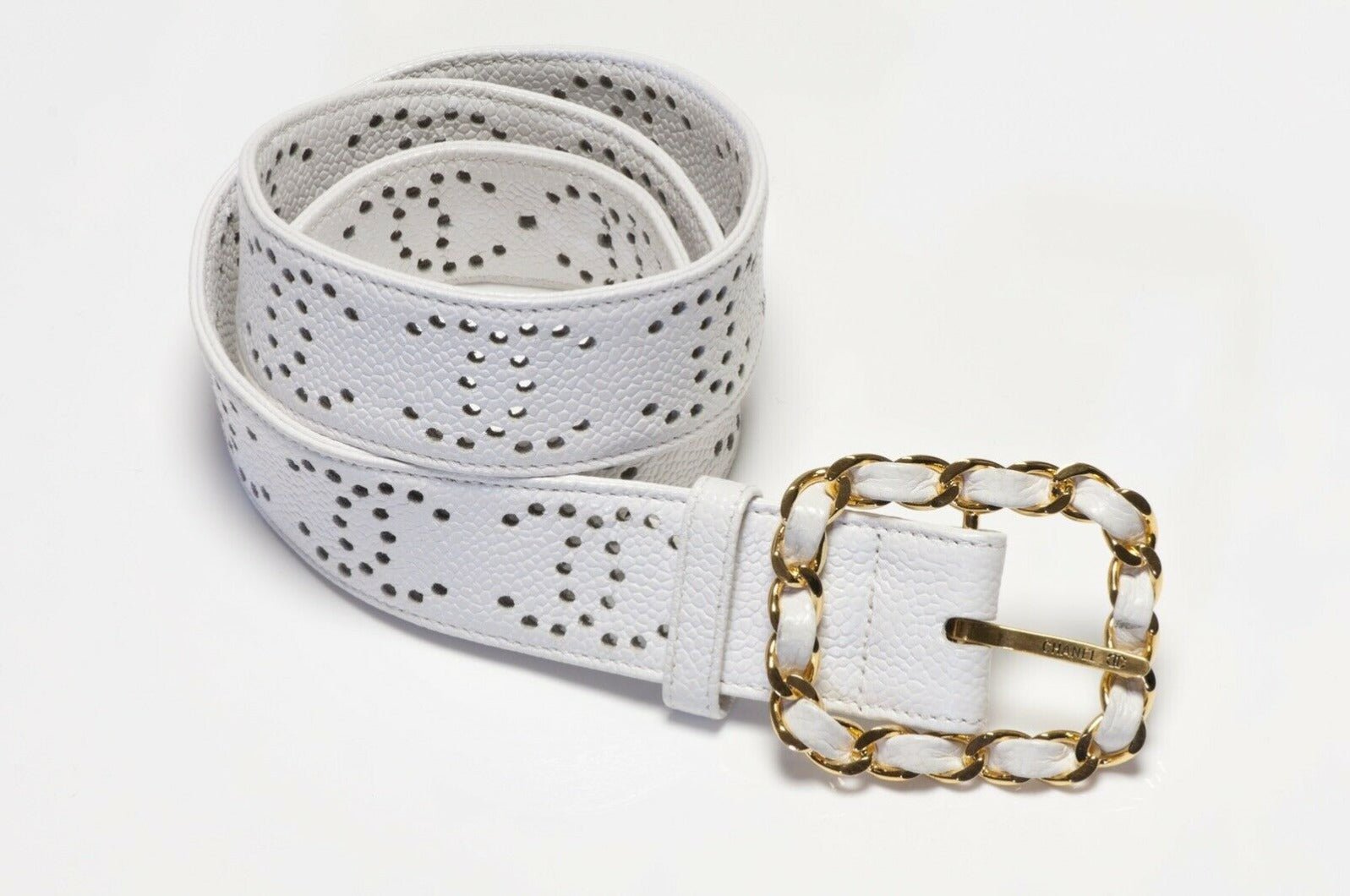Vintage CHANEL Paris CC White Perforated Leather Women’s Belt