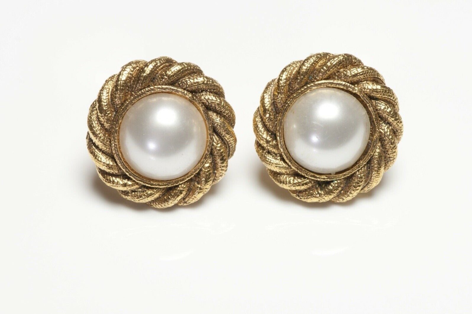 Vintage CHANEL Paris Gold Plated Faux Pearl Camellia Flower Earrings