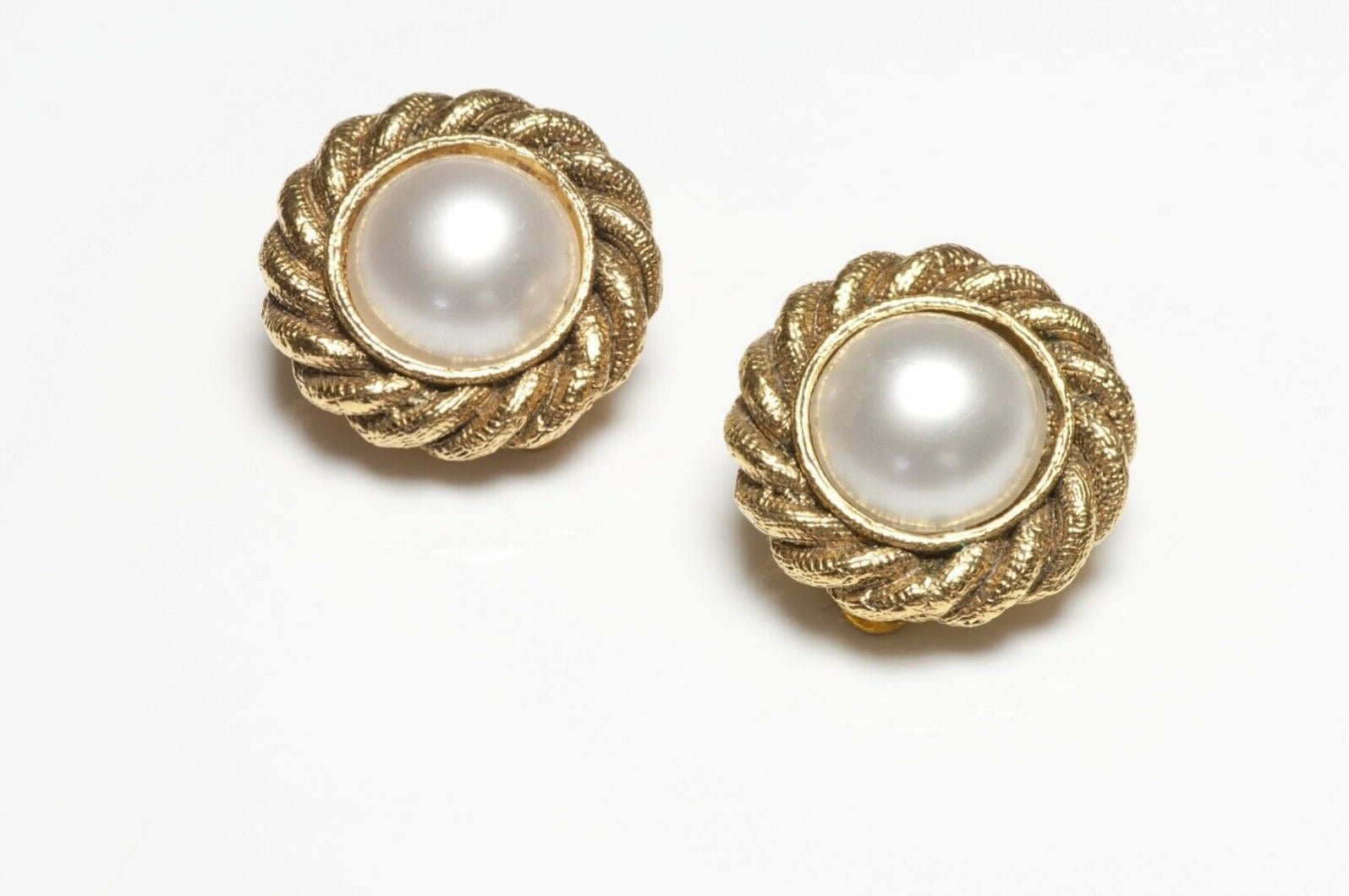 Vintage CHANEL Paris Gold Plated Faux Pearl Camellia Flower Earrings