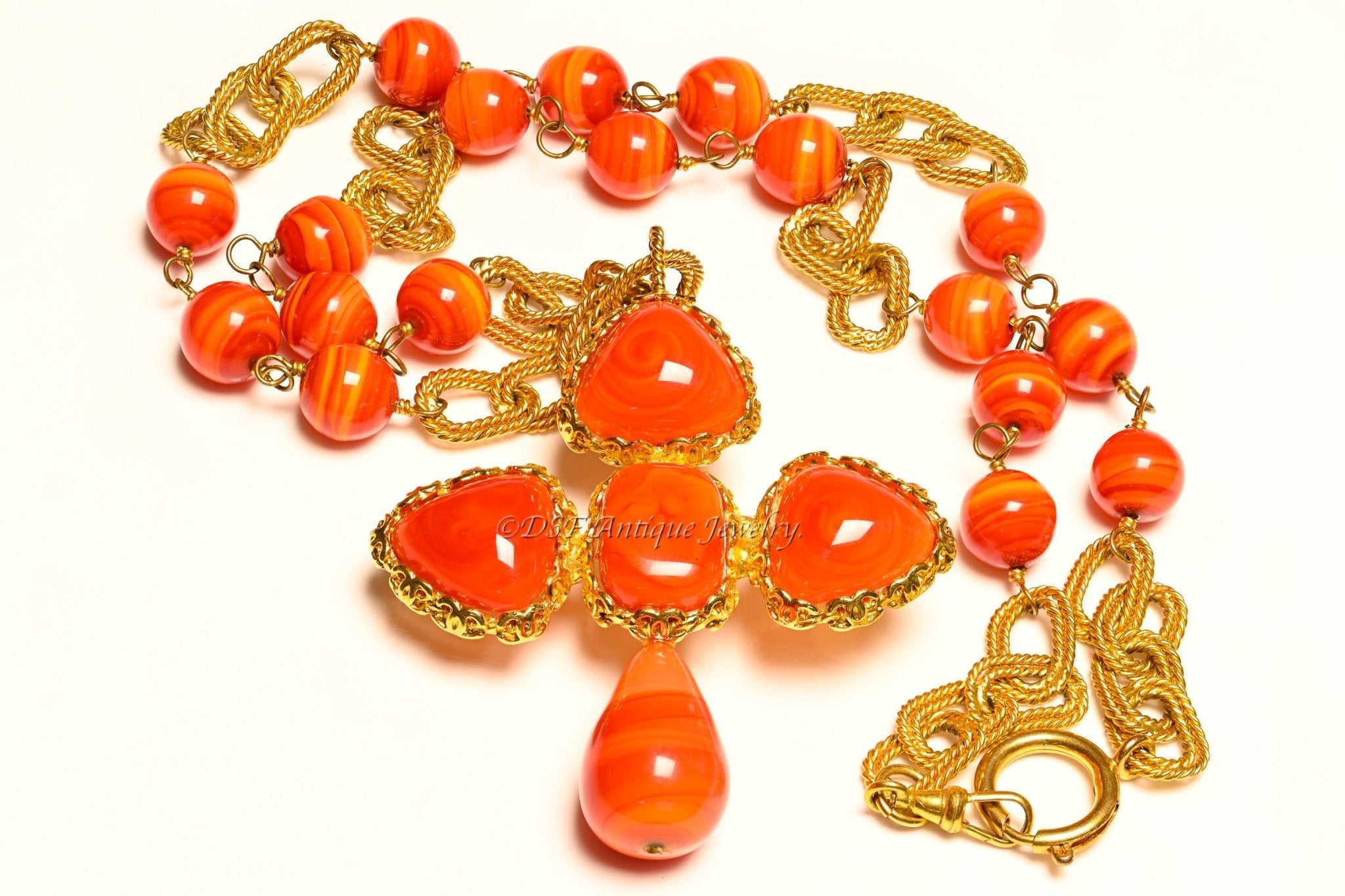 Vintage Chanel Paris Maison Gripoix Orange Red Glass Collection 28 Cross Necklace