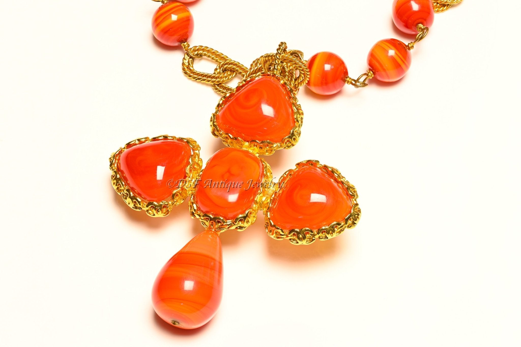 Vintage Chanel Paris Maison Gripoix Orange Red Glass Collection 28 Cross Necklace