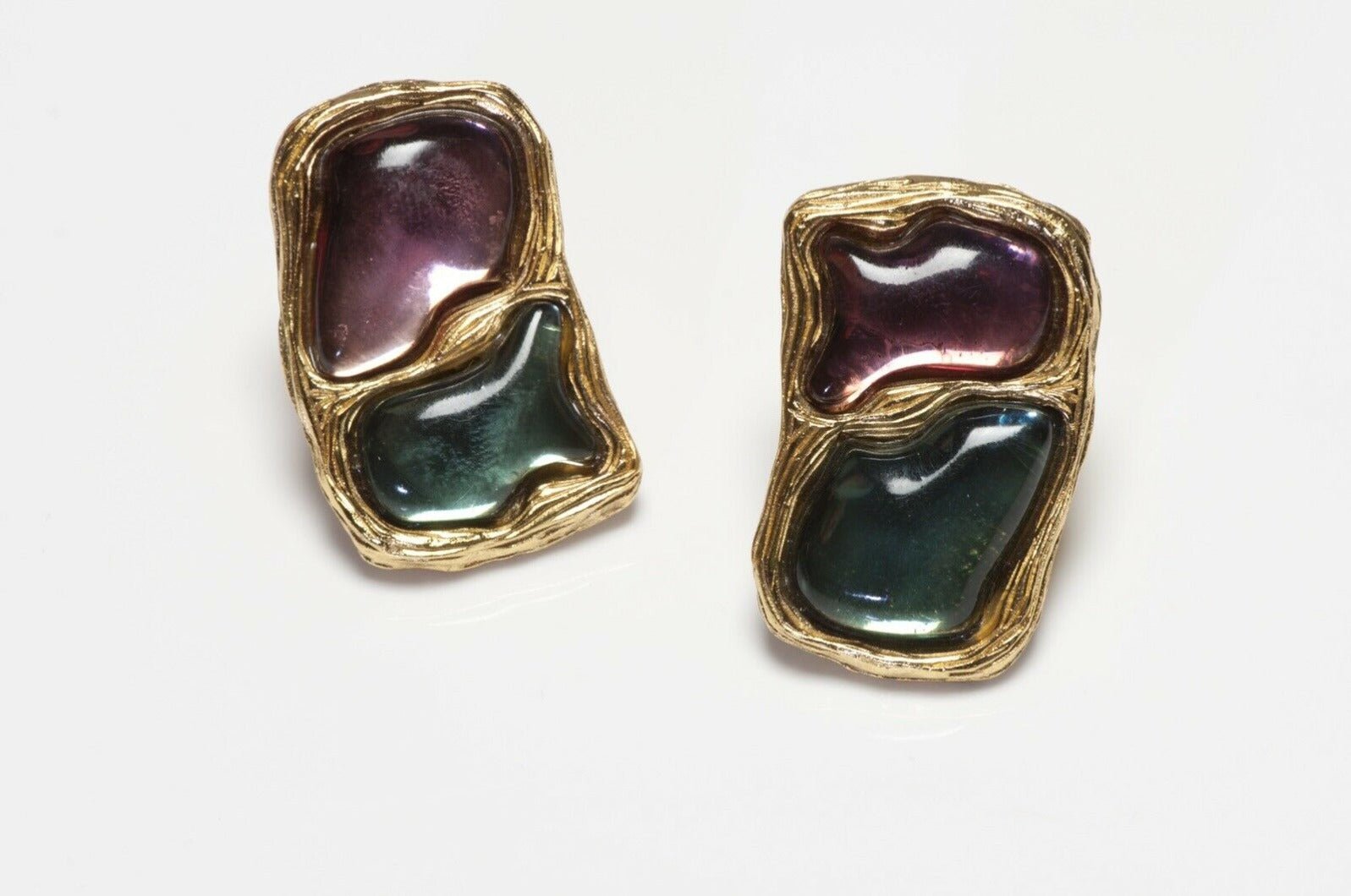 Vintage Charles Jourdan Paris Green Purple Poured Glass Earrings