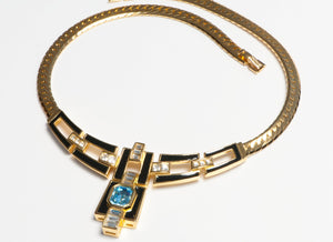 Vintage Christian Dior Black Enamel Blue Crystal Collar Necklace