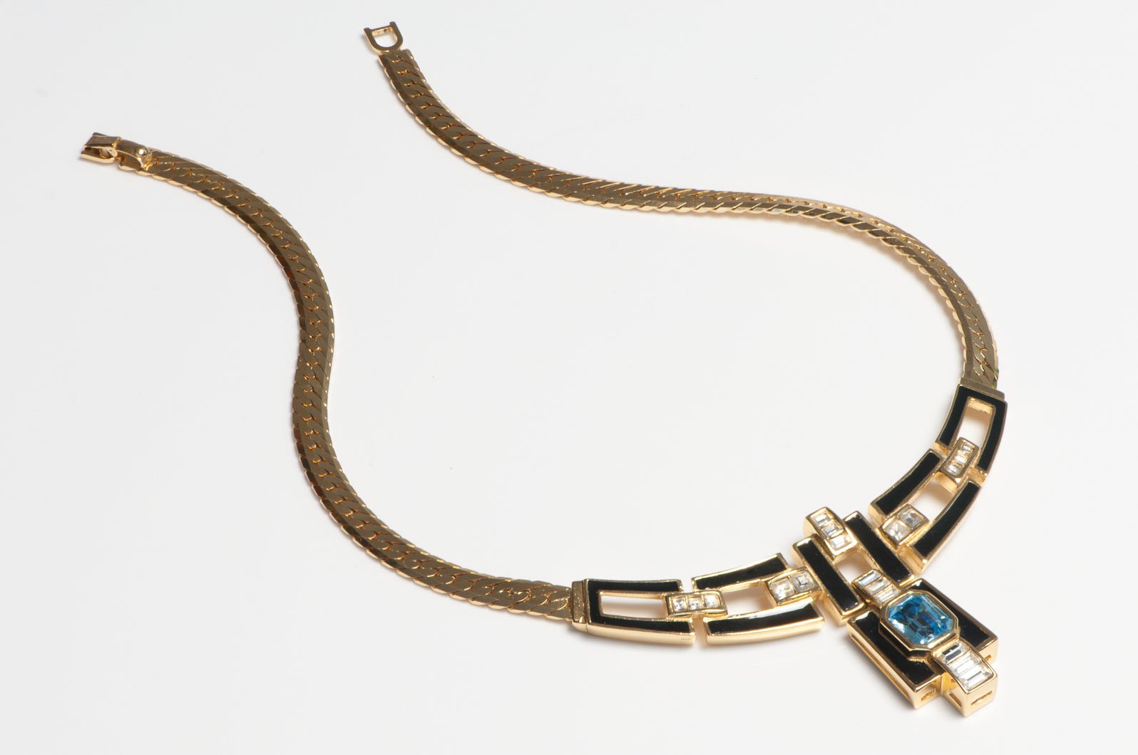Vintage Christian Dior Black Enamel Blue Crystal Collar Necklace