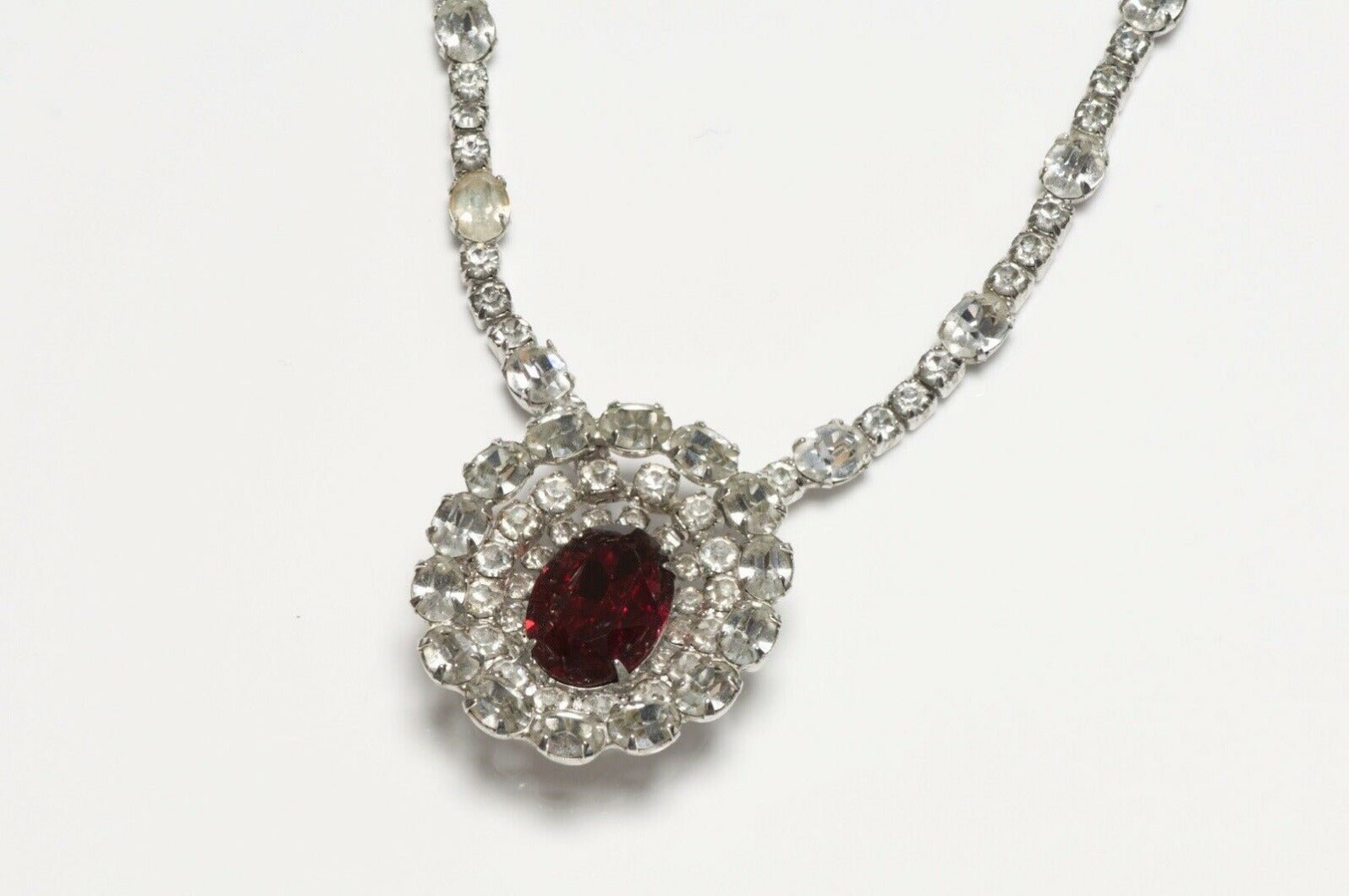 Vintage Christian Dior by Kramer Rhodium Plated Red Crystal Necklace
