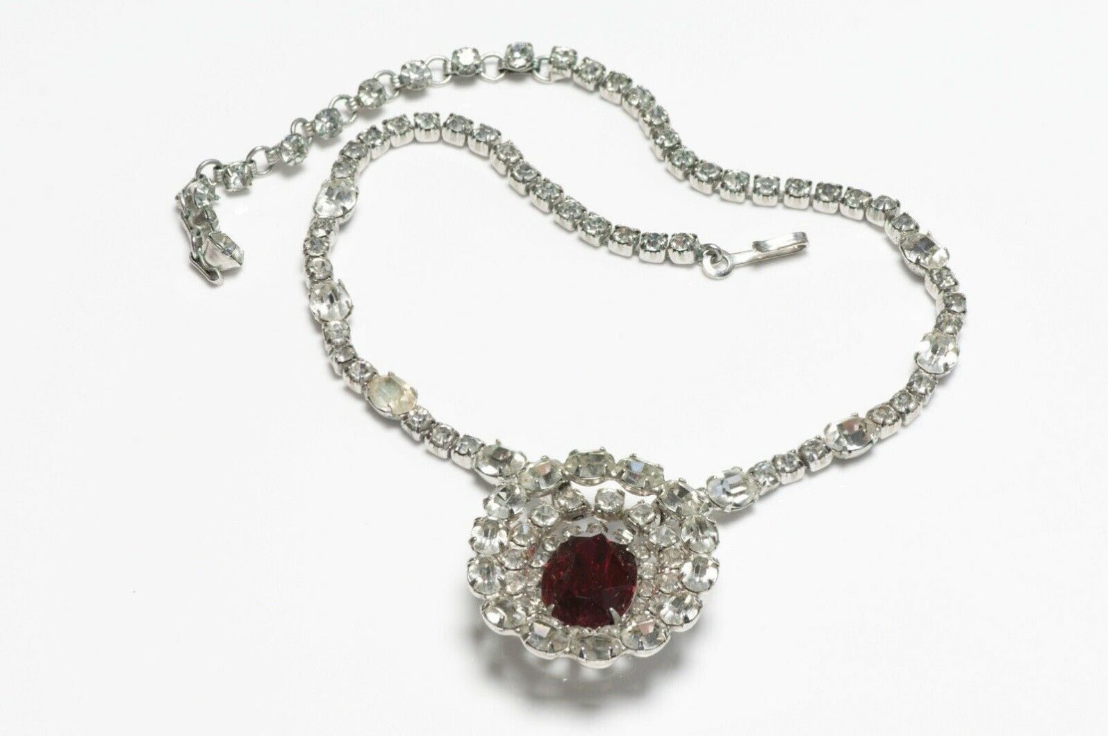 Vintage Christian Dior by Kramer Rhodium Plated Red Crystal Necklace