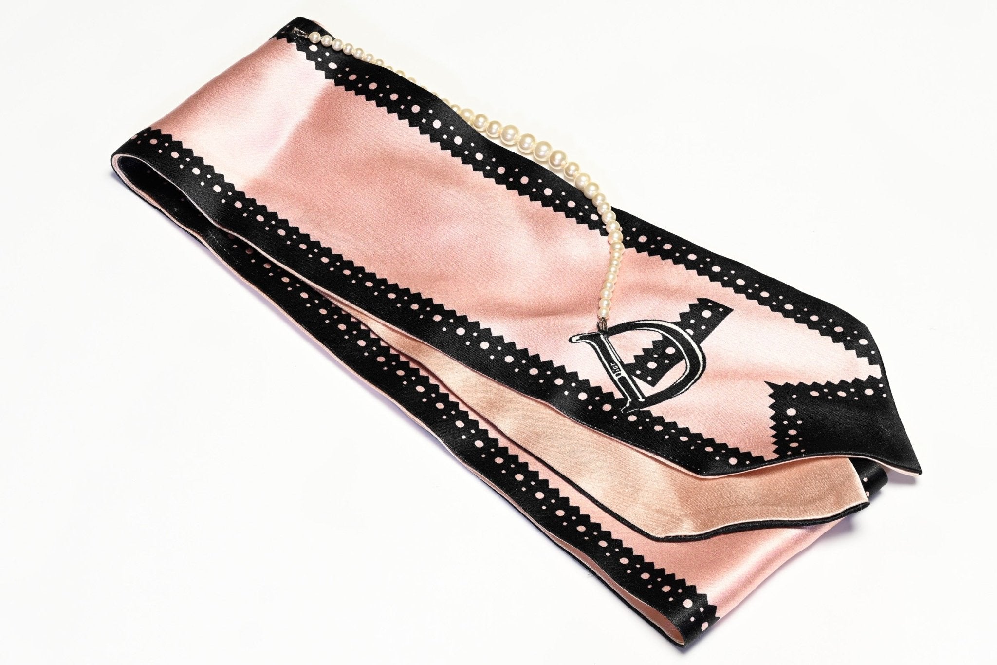 Vintage Christian Dior Galliano Masai Pink Black 100% Silk Glass Pearl Twilly Scarf