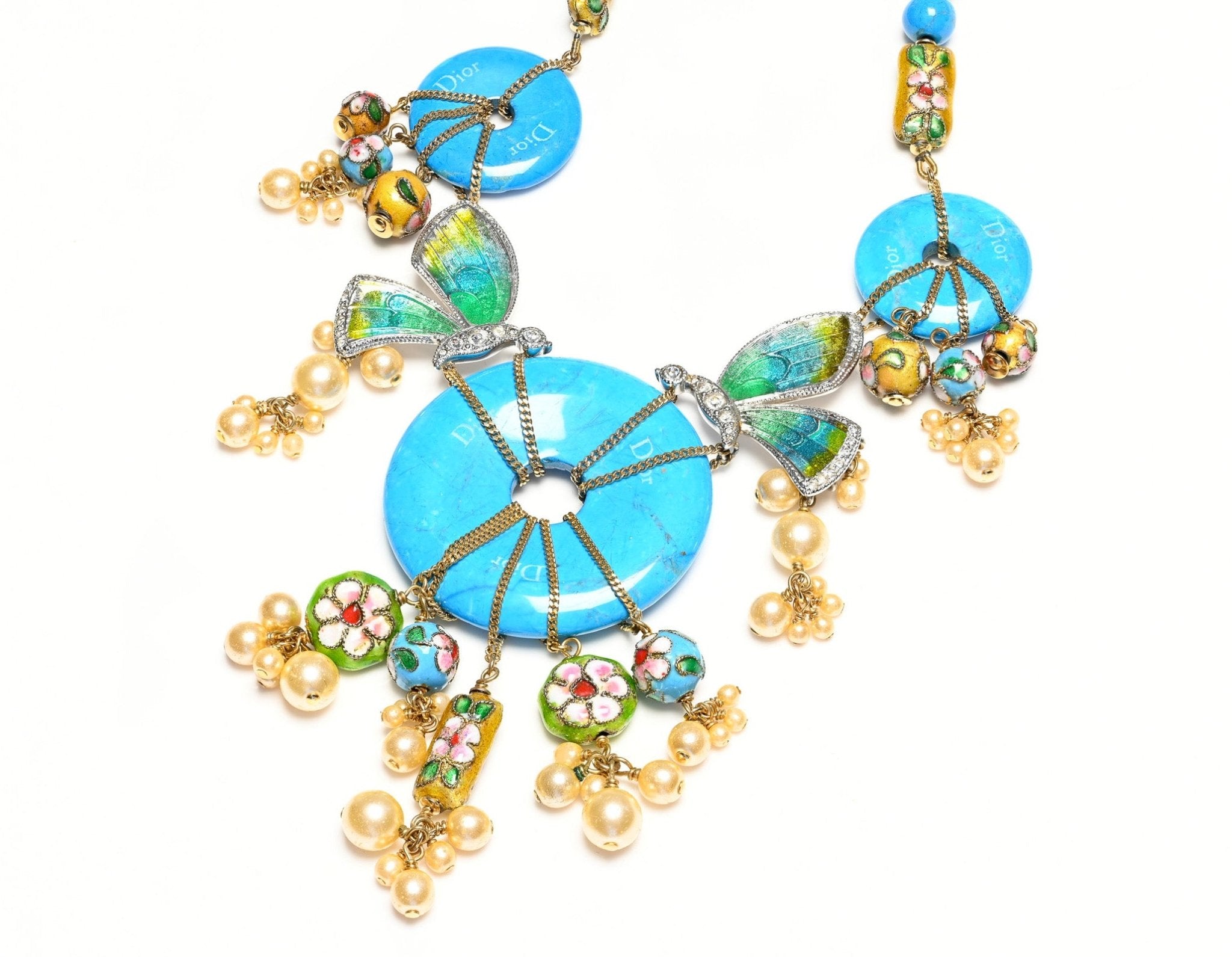 Vintage Christian Dior Galliano Tonkidior 2006 Turquoise Beads Enamel Butterfly Necklace