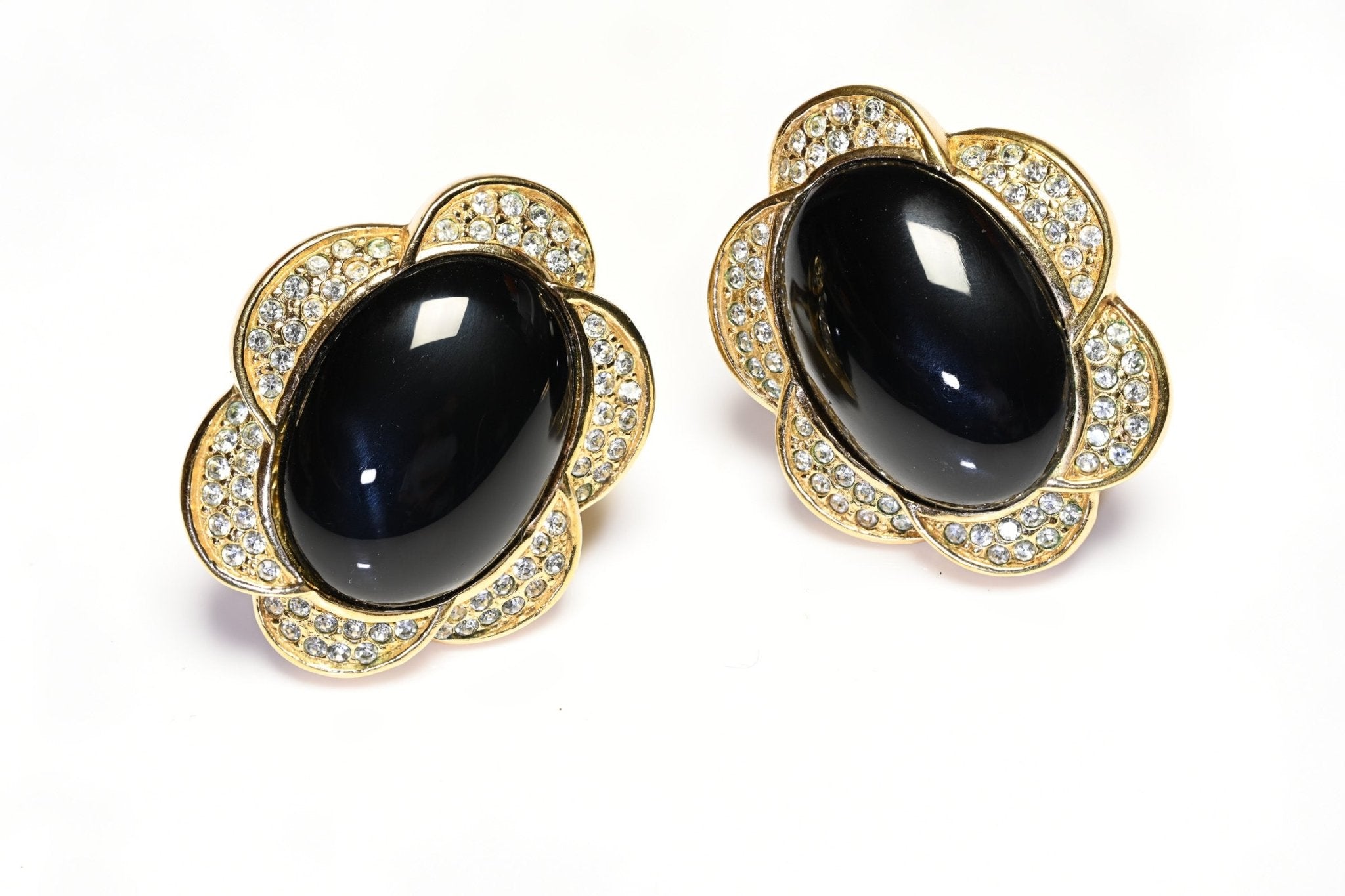 Vintage Christian Dior Gold Plated Large Black Cabochon Crystal Flower Earrings
