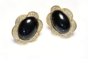 Vintage Christian Dior Gold Plated Large Black Cabochon Crystal Flower Earrings
