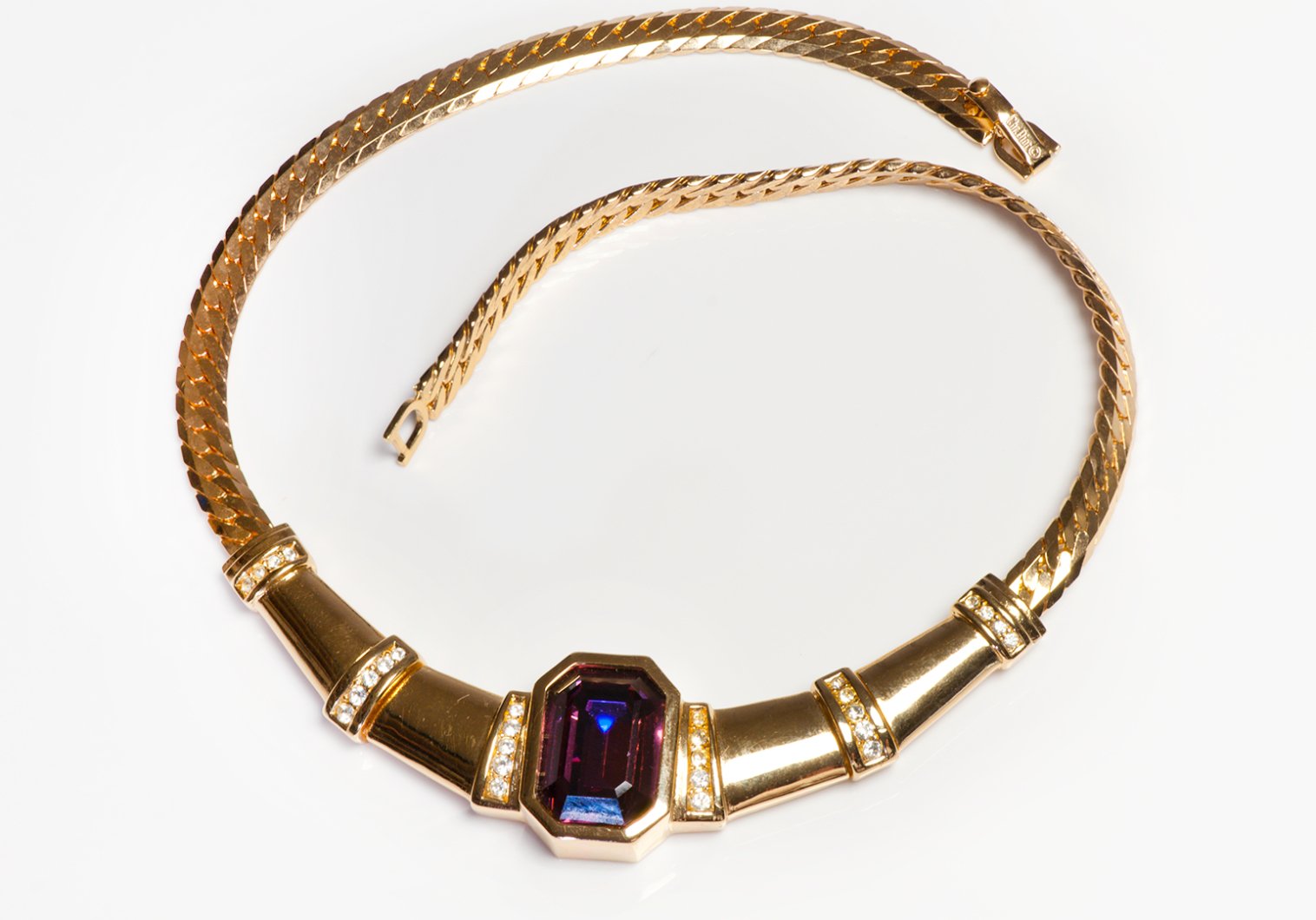 Vintage Christian Dior Gold Plated Purple Crystal Collar Necklace