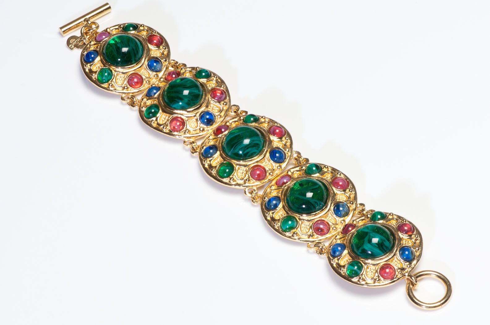 Vintage Christian Dior Green Blue Pink Cabochon Glass Earrings Bracelet Set