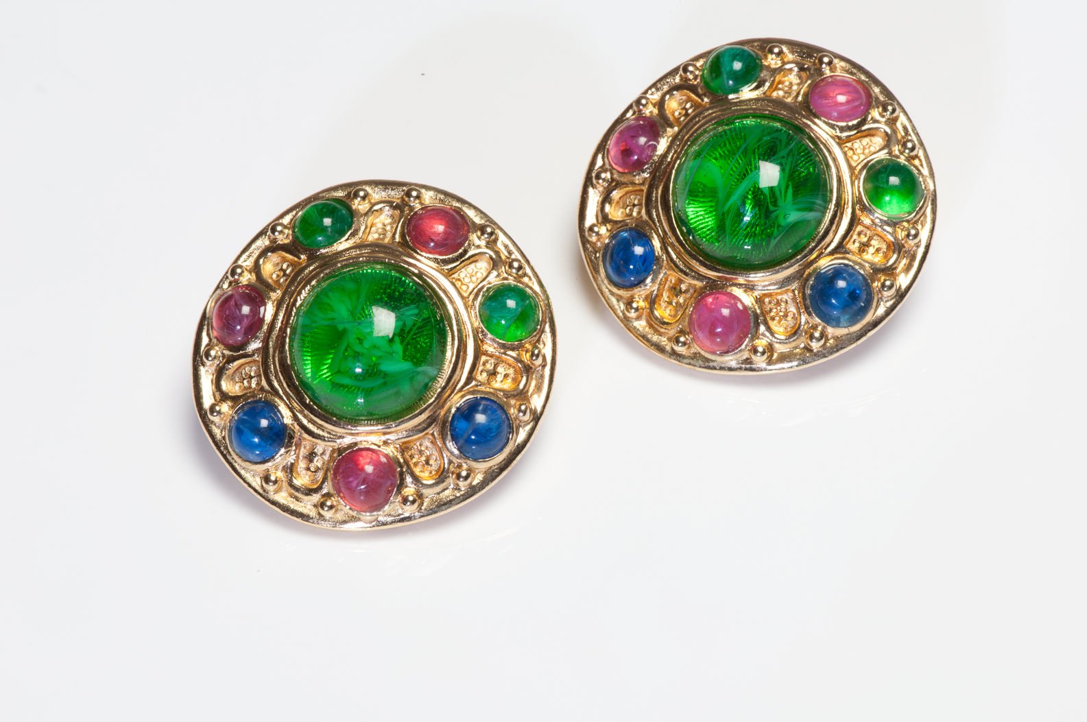 Vintage Christian Dior Green Blue Pink Cabochon Glass Earrings Bracelet Set