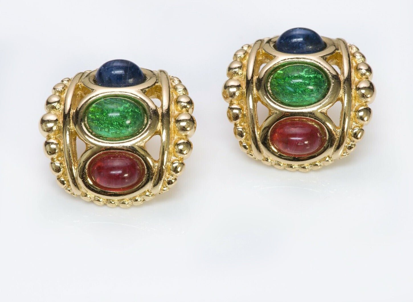 Vintage Christian DIOR Green Blue Red Cabochon Glass Earrings