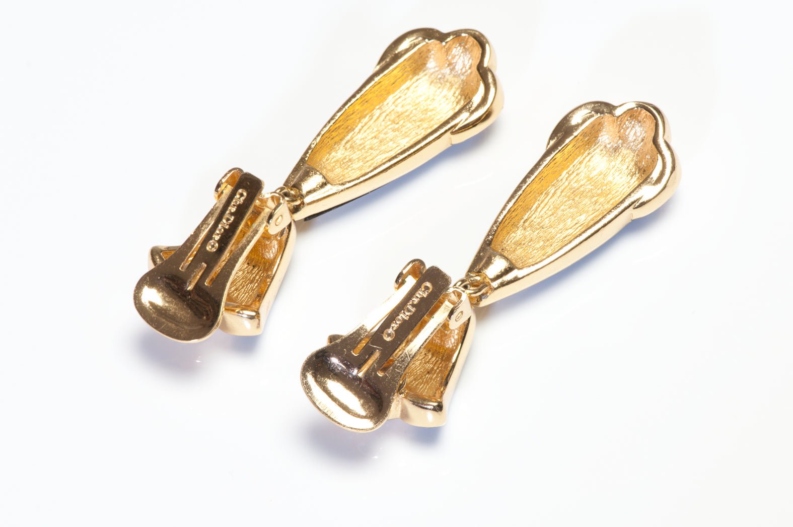 Vintage Christian Dior Long Gold Plated Black Enamel Crystal Earrings