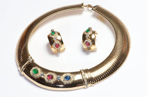 Vintage Christian Dior Mughal Style Blue Red Green Glass Earrings Necklace Set
