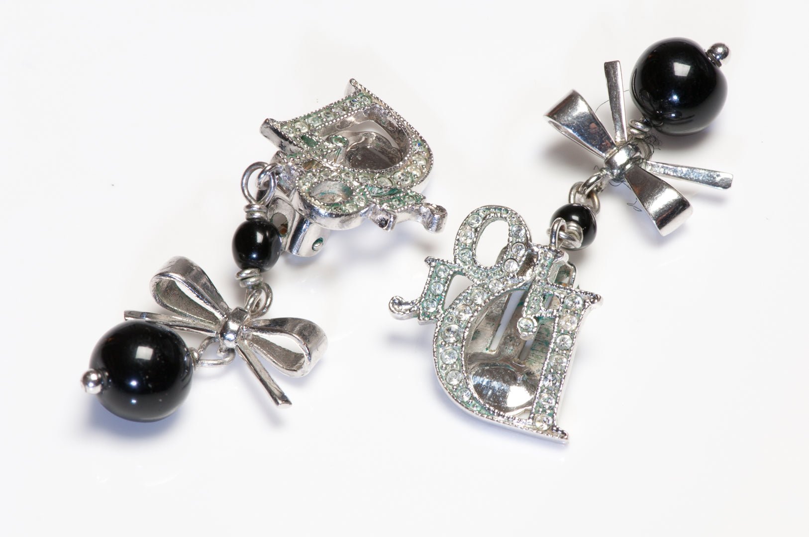 Vintage Christian Dior Paris Galliano Logo Bow Crystal Black Bead Earrings