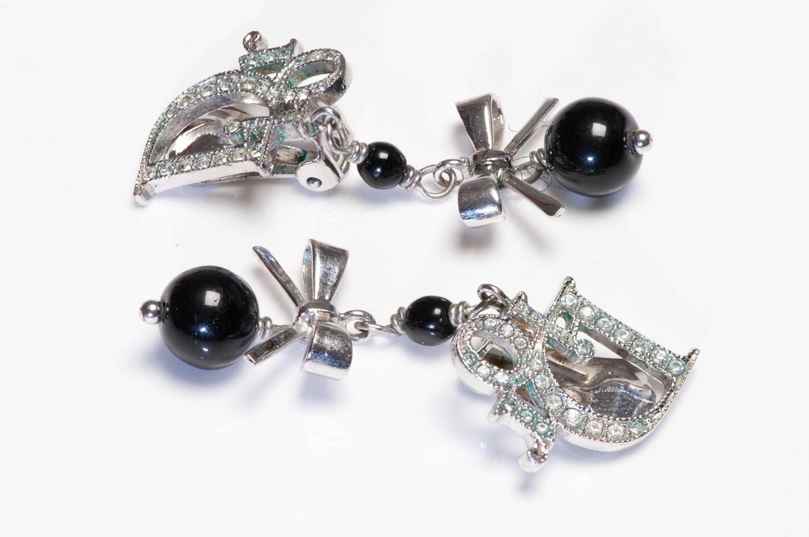 Vintage Christian Dior Paris Galliano Logo Bow Crystal Black Bead Earrings