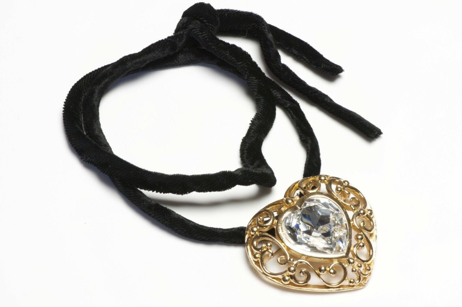 Vintage Christian Dior Paris Heart Crystal Brooch Pendant Necklace