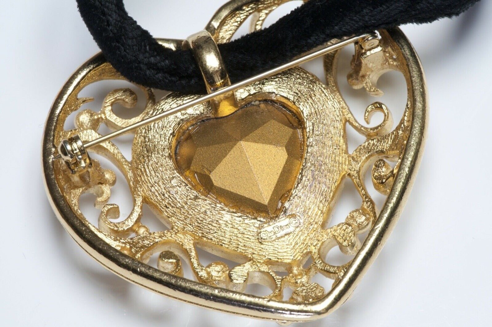 Vintage Christian Dior Paris Heart Crystal Brooch Pendant Necklace