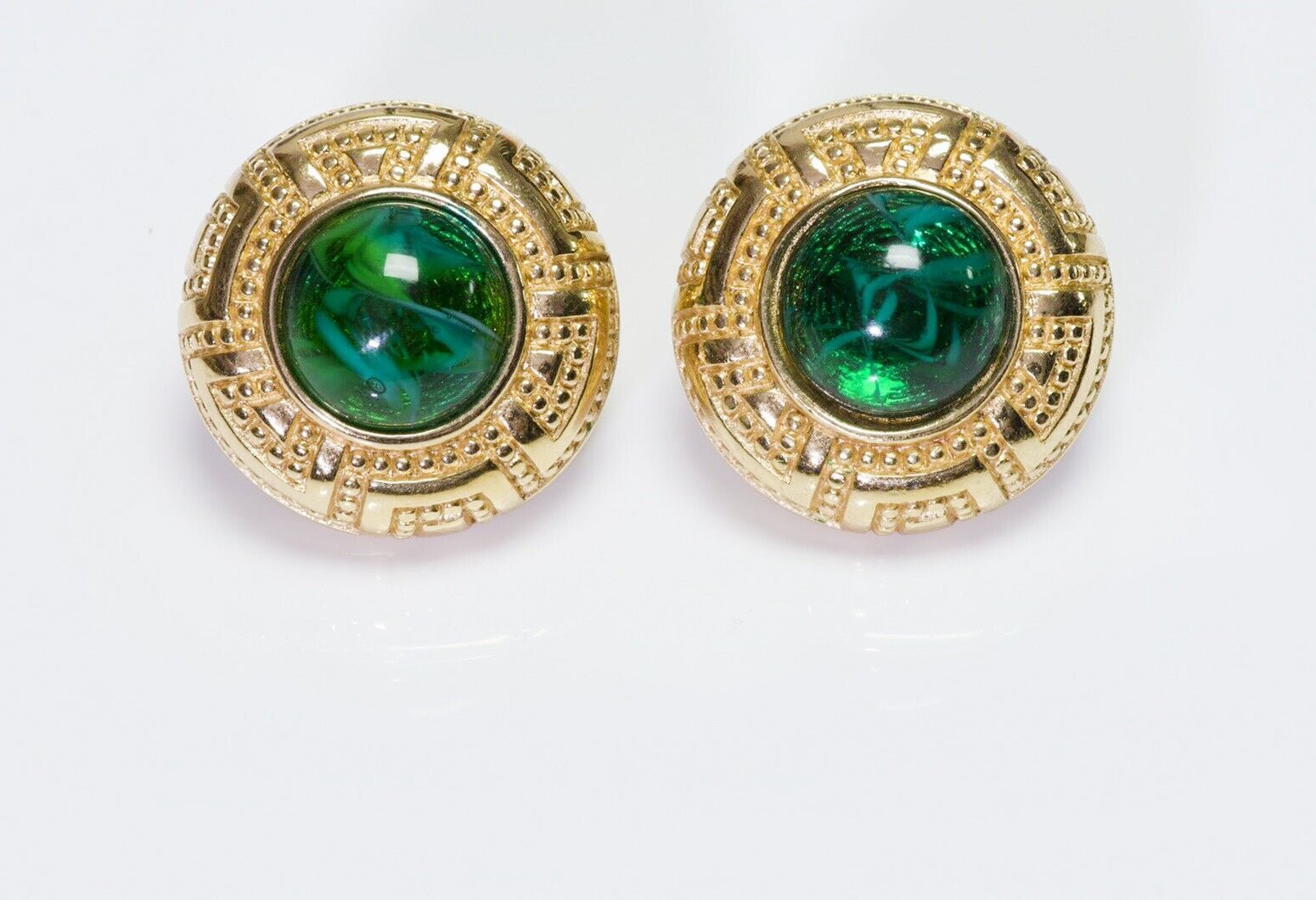 Vintage Christian DIOR Textured Green Cabochon Glass Earrings