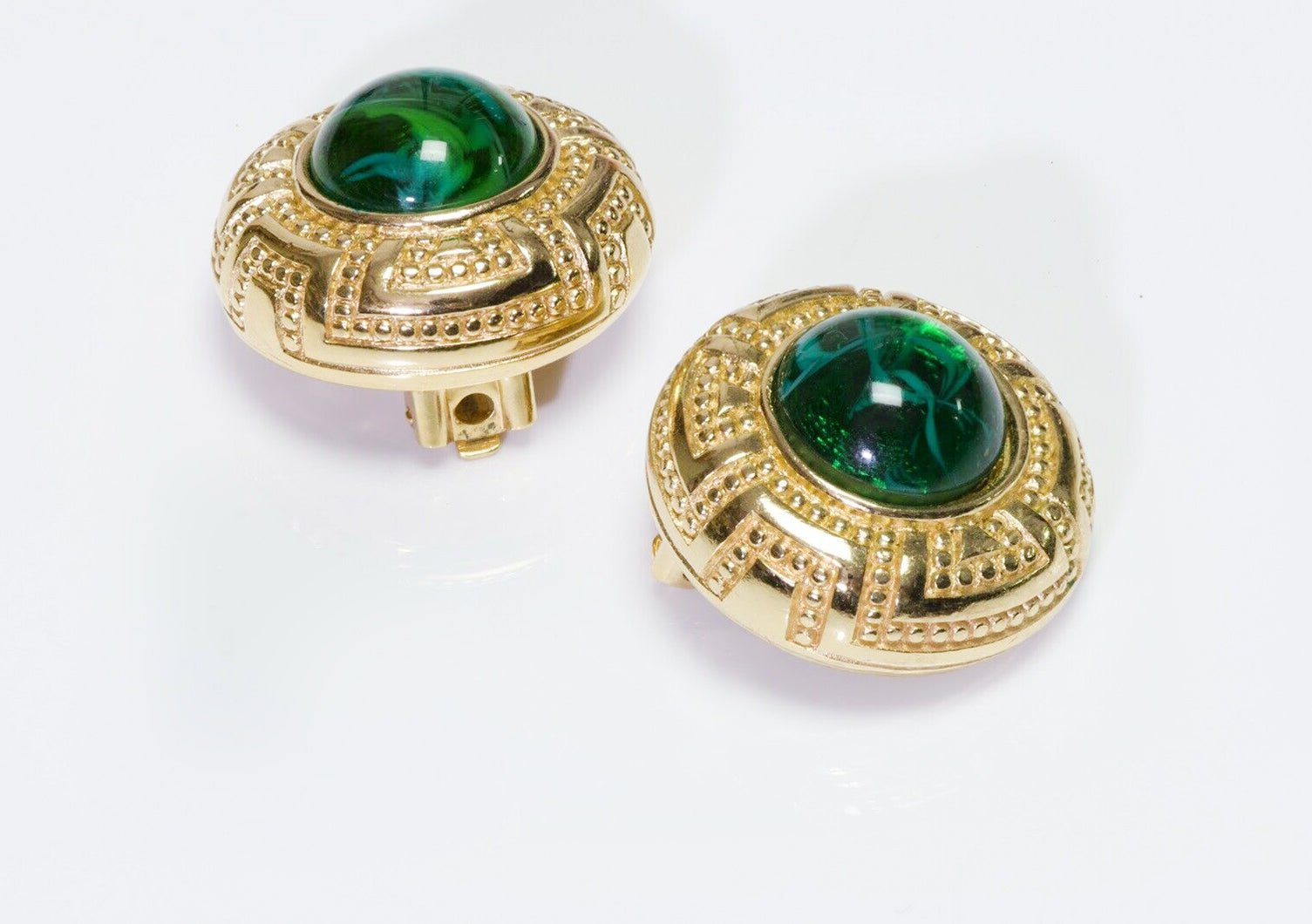 Vintage Christian DIOR Textured Green Cabochon Glass Earrings