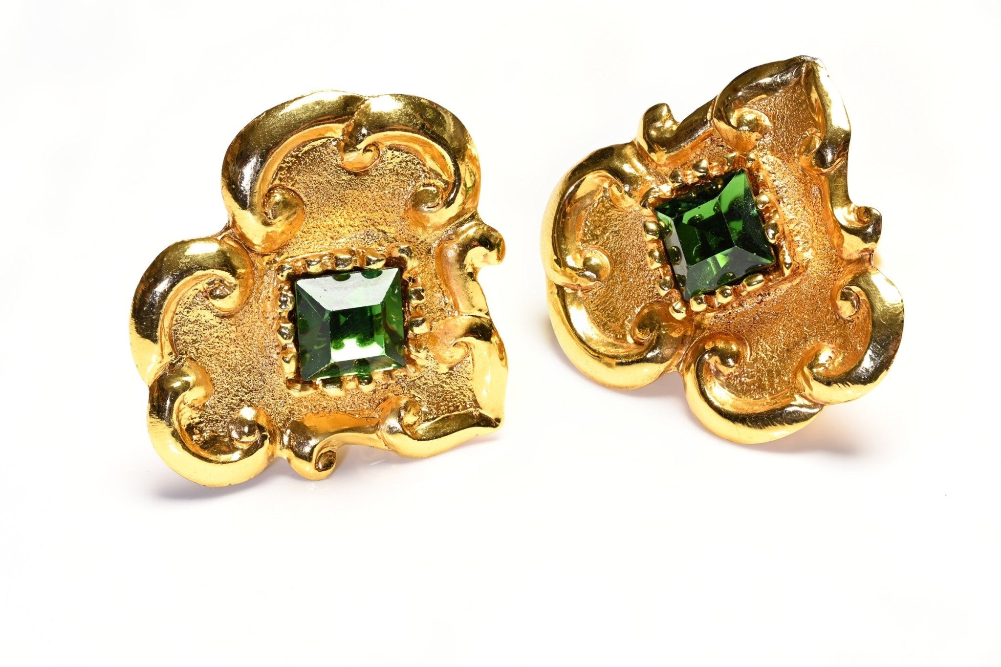 Vintage Christian Lacroix Couture Baroque Style Green Crystal Heart Earrings