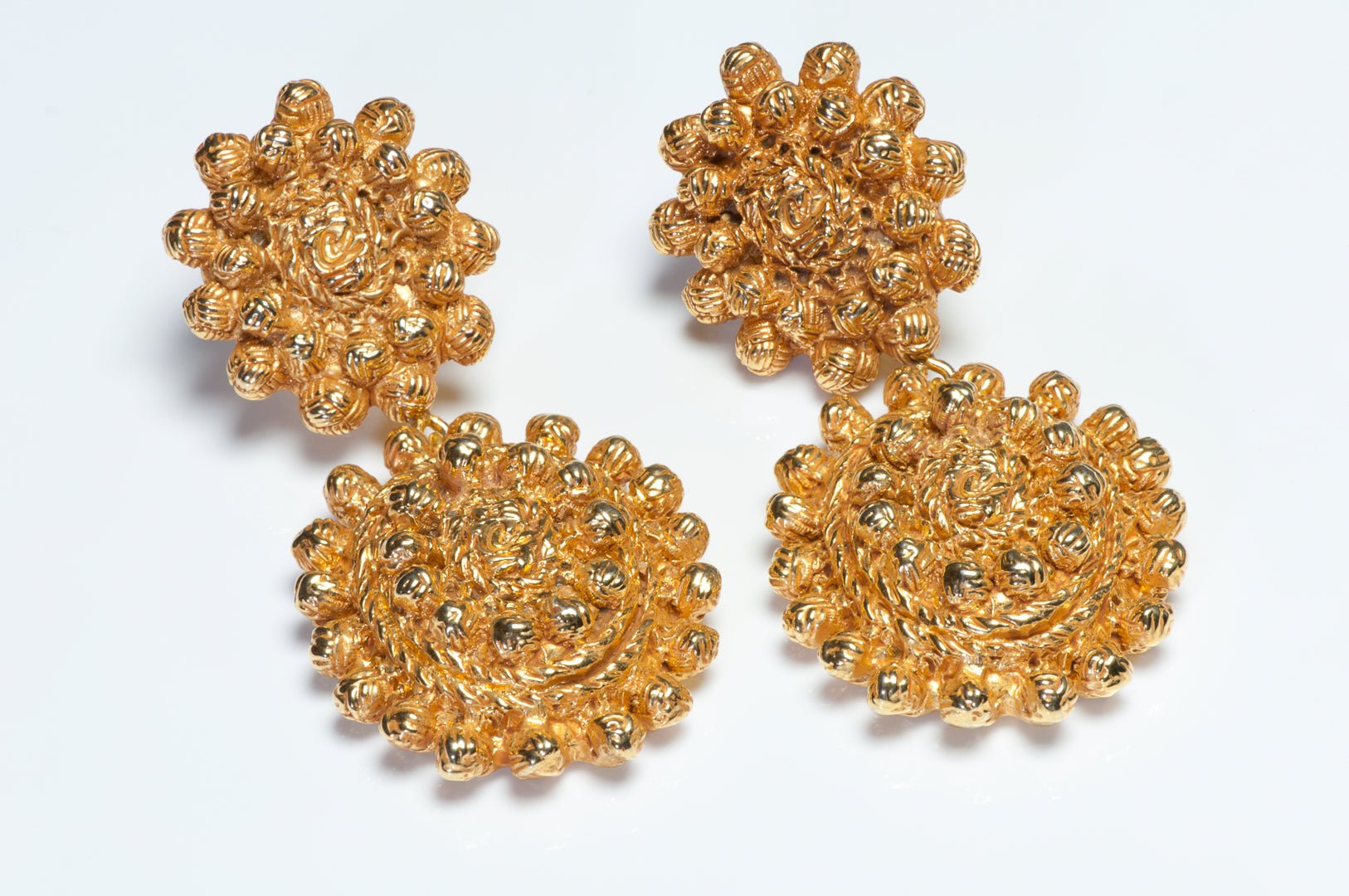 Vintage Christian Lacroix Paris Couture Long Gold Plated Textured Logo Earrings