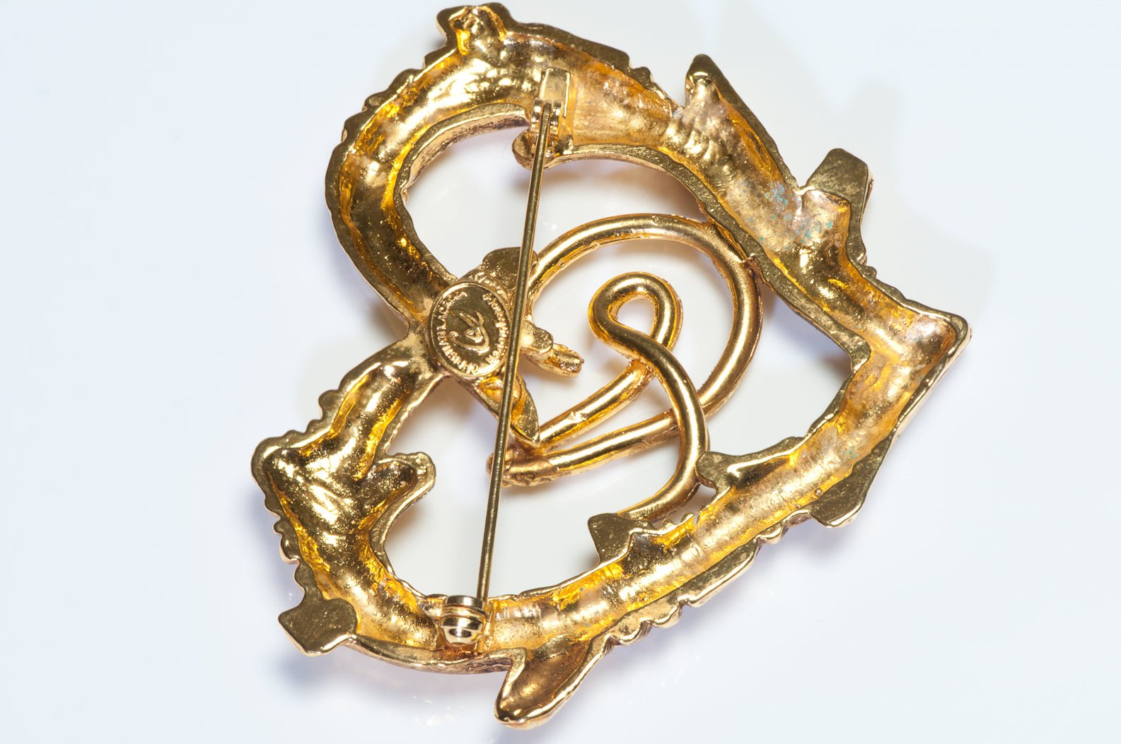 Vintage Christian Lacroix Paris Large Gold Plated Logo Heart Brooch