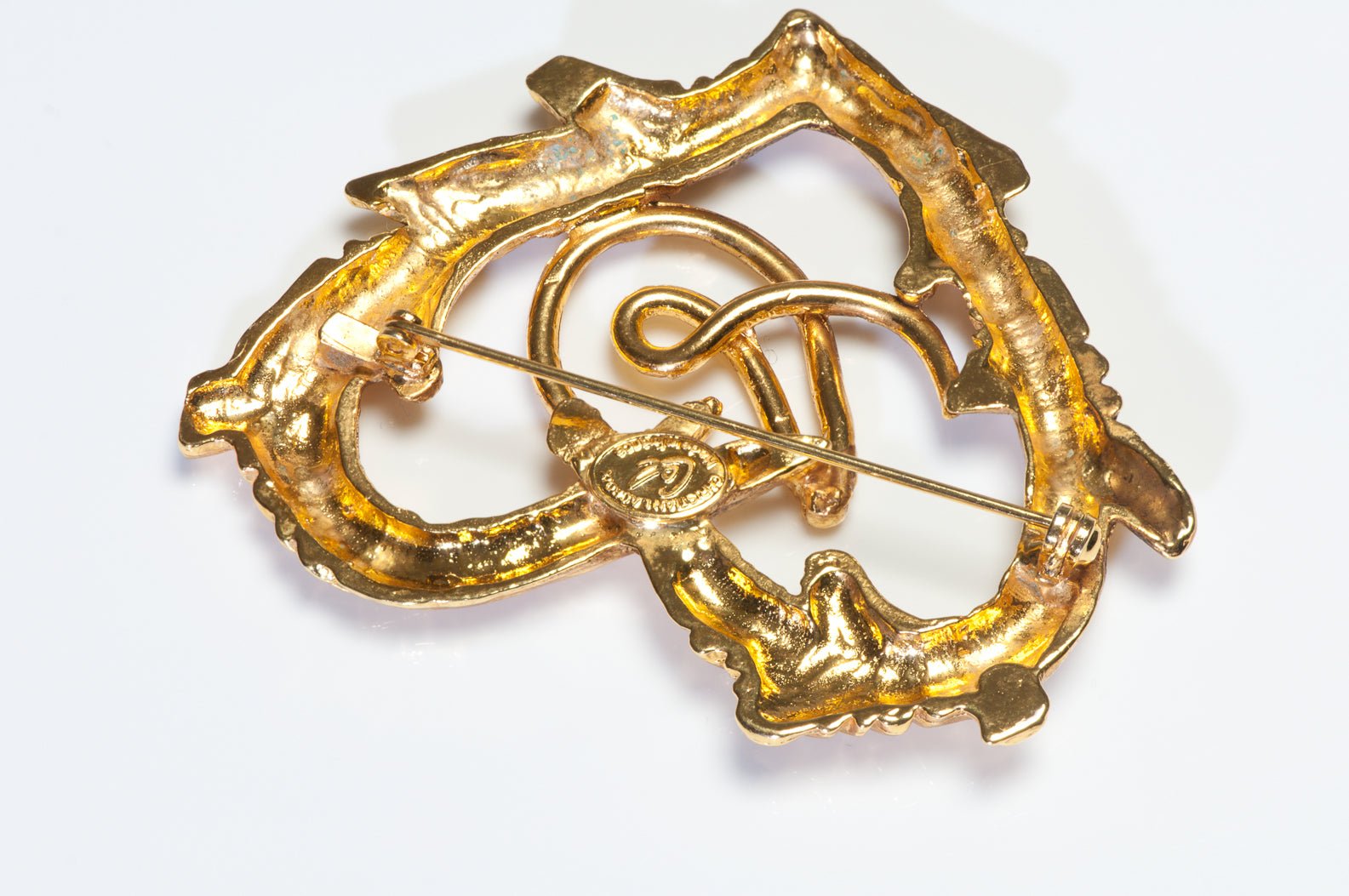 Vintage Christian Lacroix Paris Large Gold Plated Logo Heart Brooch