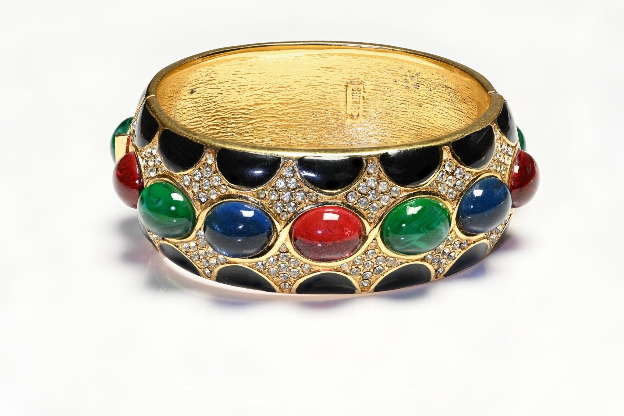 Vintage Ciner Mughal Style Enamel Red Blue Green Cabochon Glass Bangle Bracelet