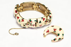 Vintage Ciner White Red Green Inlaid Enamel Flower Bracelet Crescent Moon Brooch Set