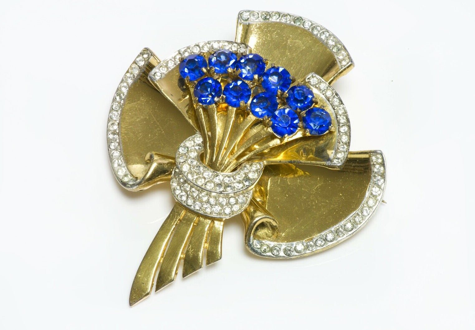 Vintage Coro Craft Sterling Silver Blue Crystal Flower Bouquet Brooch