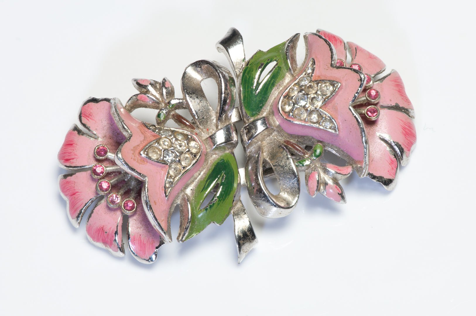 Vintage Coro Duette Pink Green Enamel Crystal Flower Brooch