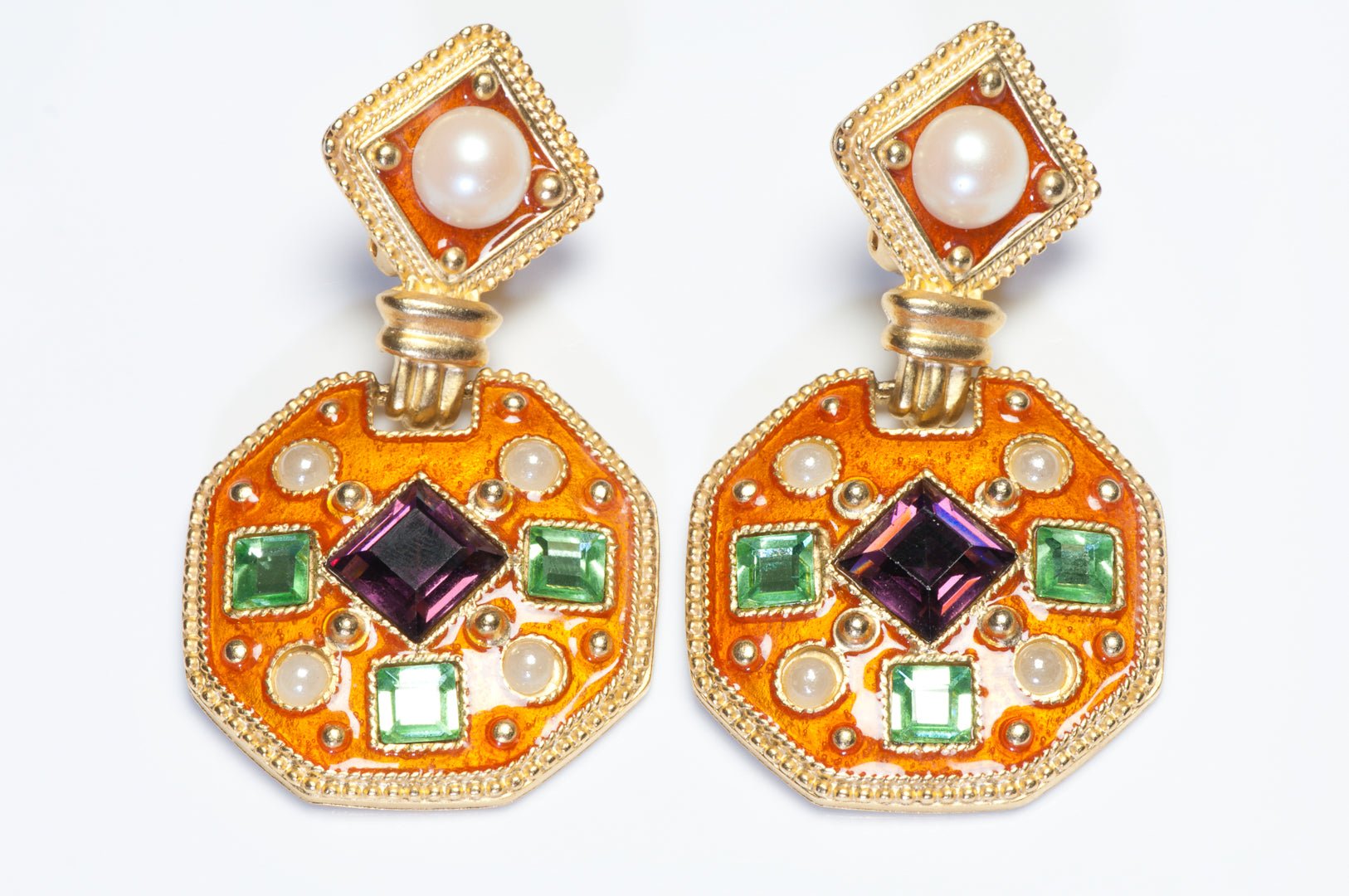 Vintage Craft Long Orange Enamel Green Purple Crystal Pearl Earrings
