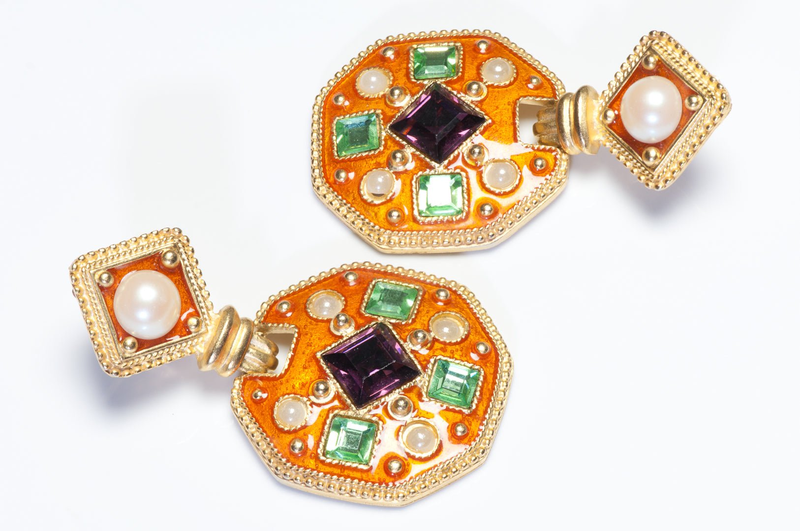 Vintage Craft Long Orange Enamel Green Purple Crystal Pearl Earrings