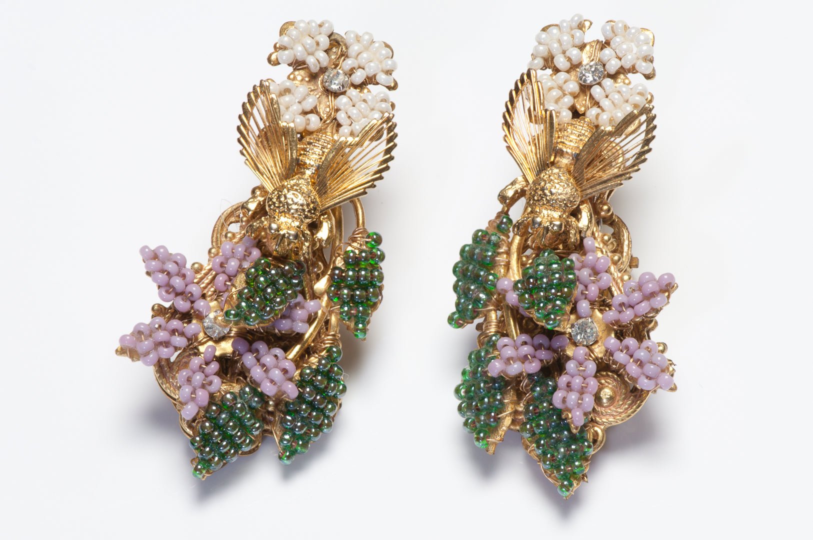 Vintage DeMario-Hagler Pink White Green Glass Beads Crystal Bee Earrings