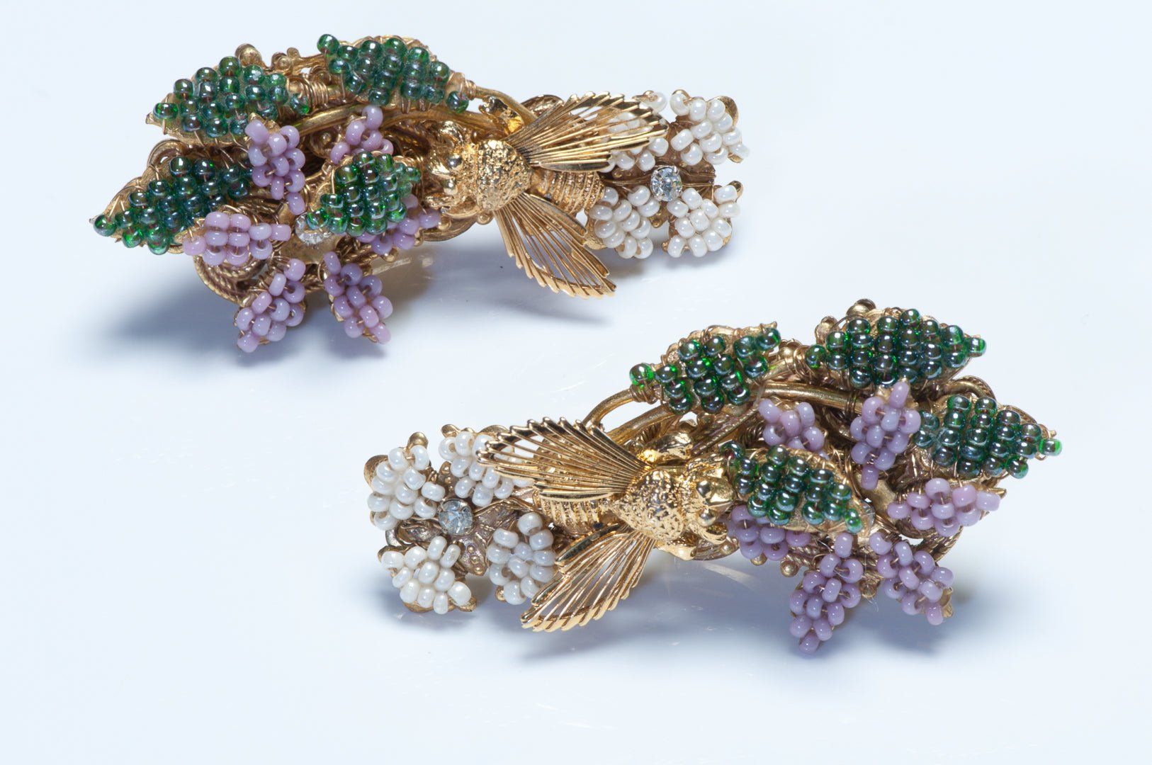 Vintage DeMario-Hagler Pink White Green Glass Beads Crystal Bee Earrings
