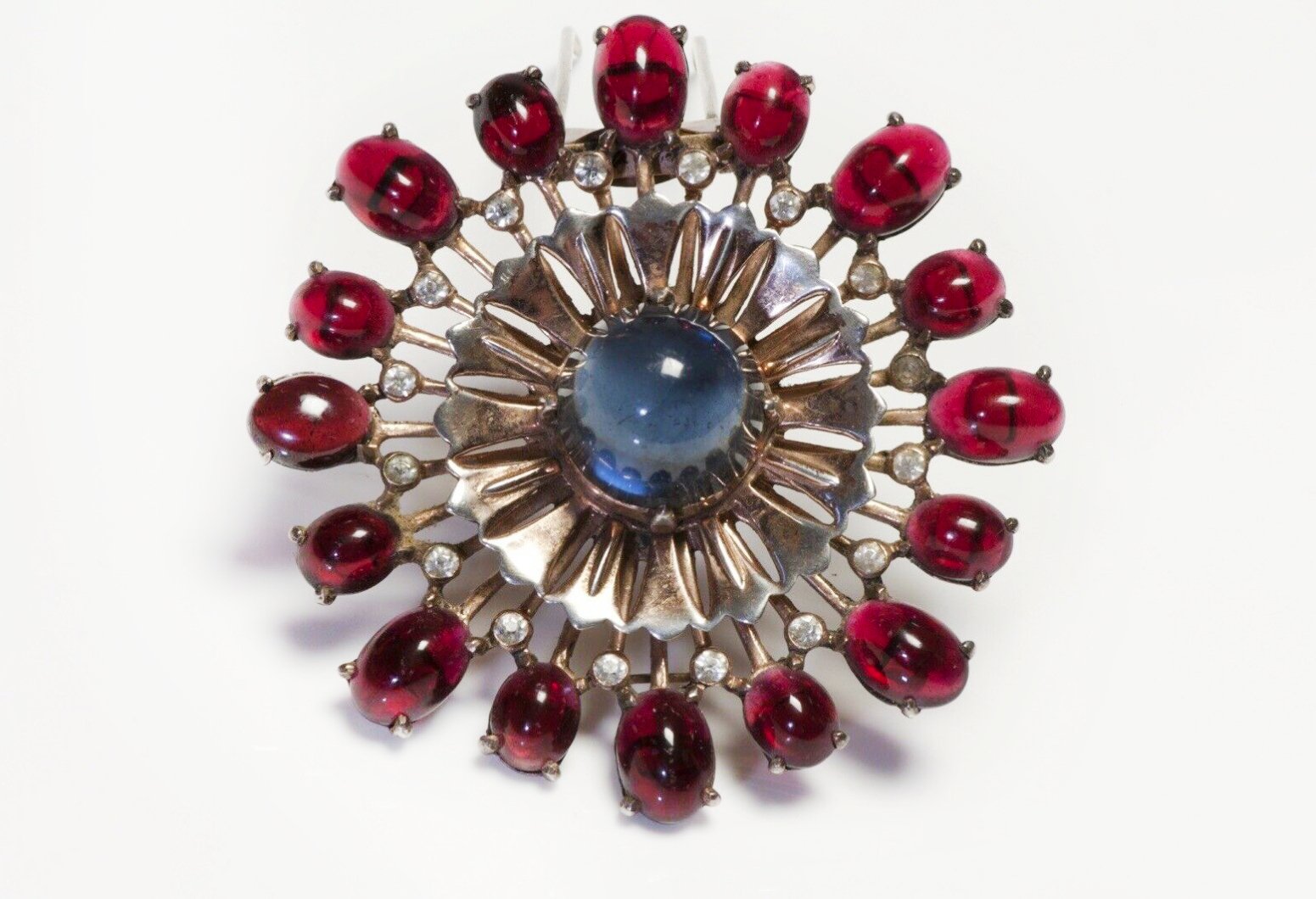 Vintage DeRosa Sterling Silver Red Blue Cabochon Glass Crystal Flower Brooch