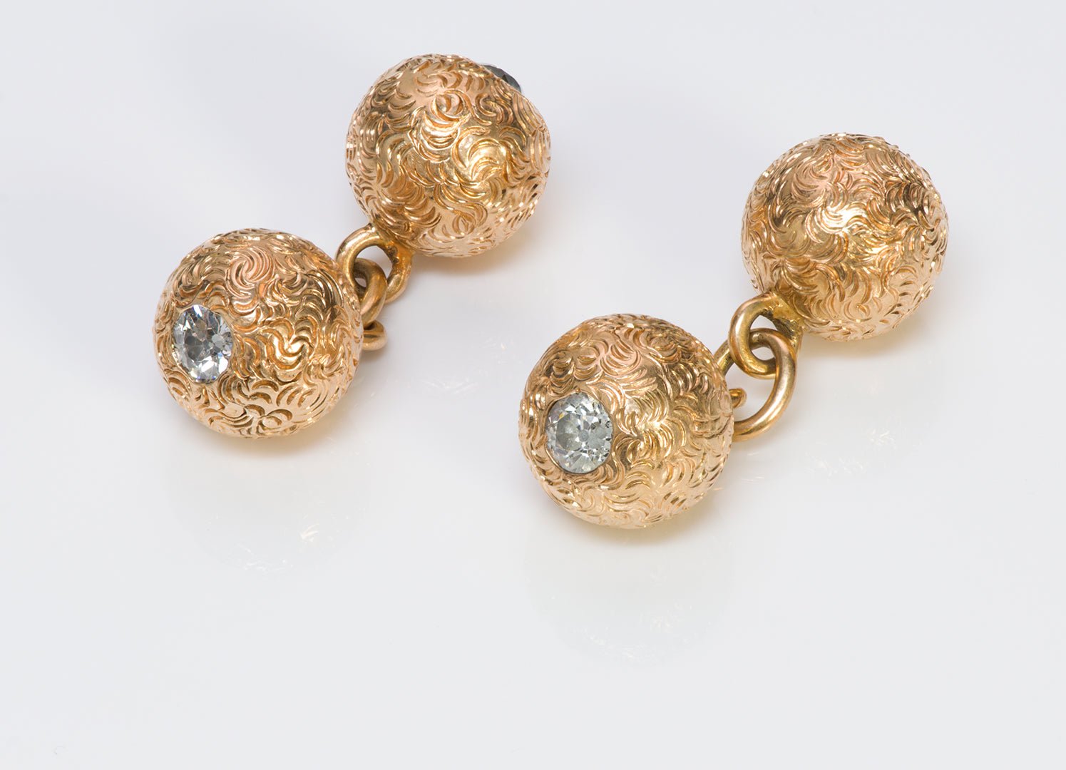 Vintage Diamond 18K Gold Engraved Ball Cufflinks