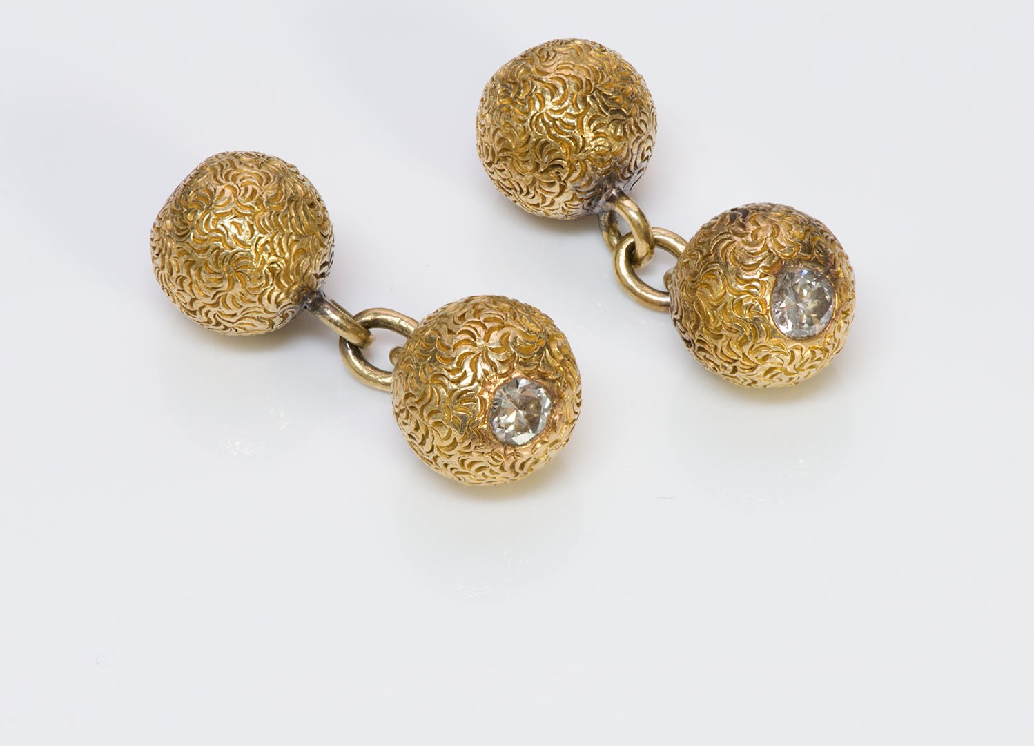 Vintage Diamond 18K Yellow Gold Engraved Ball Cufflinks