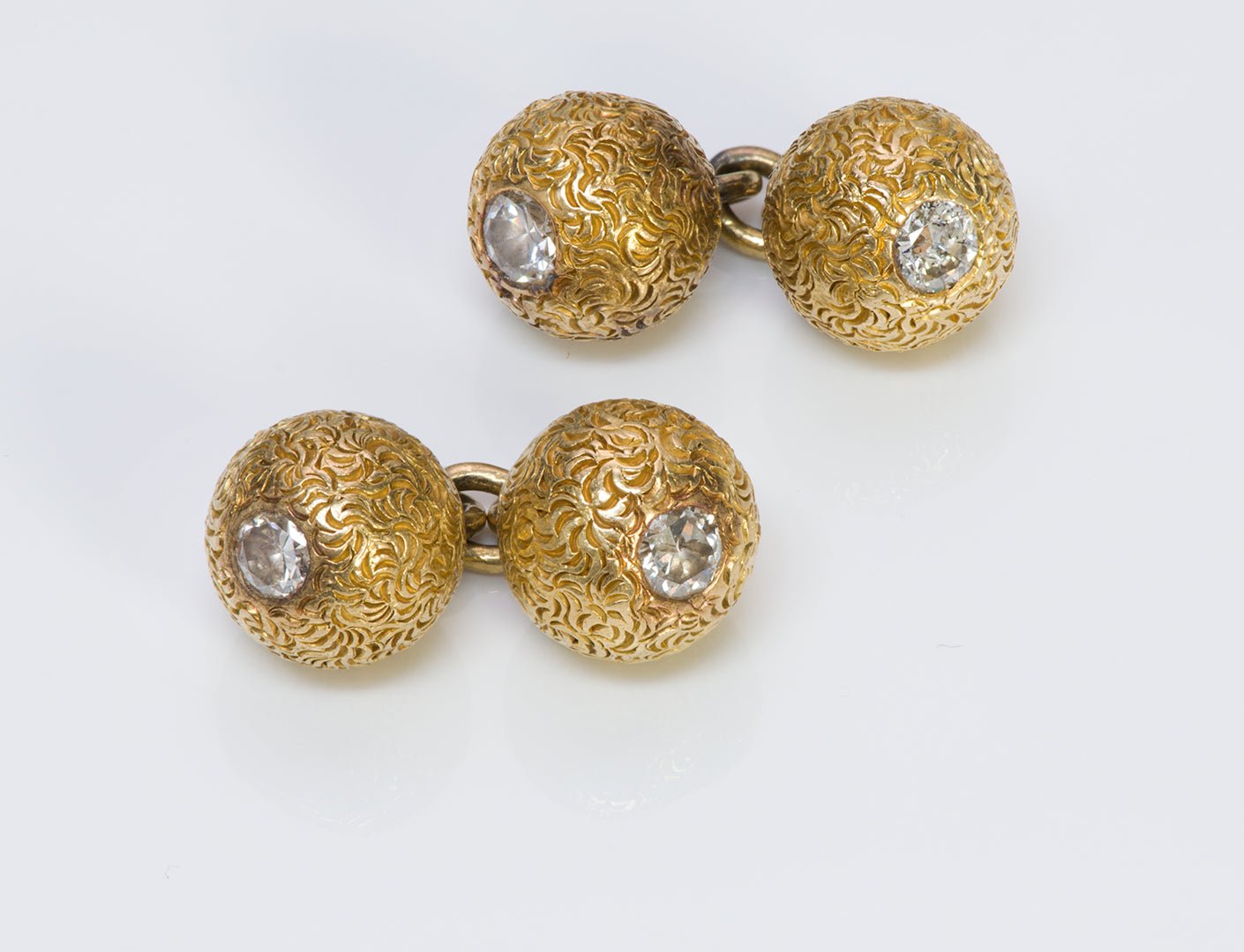 Vintage Diamond 18K Yellow Gold Engraved Ball Cufflinks