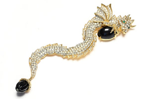 Vintage Donald Stannard Black Cabochon Crystal Large Dragon Brooch