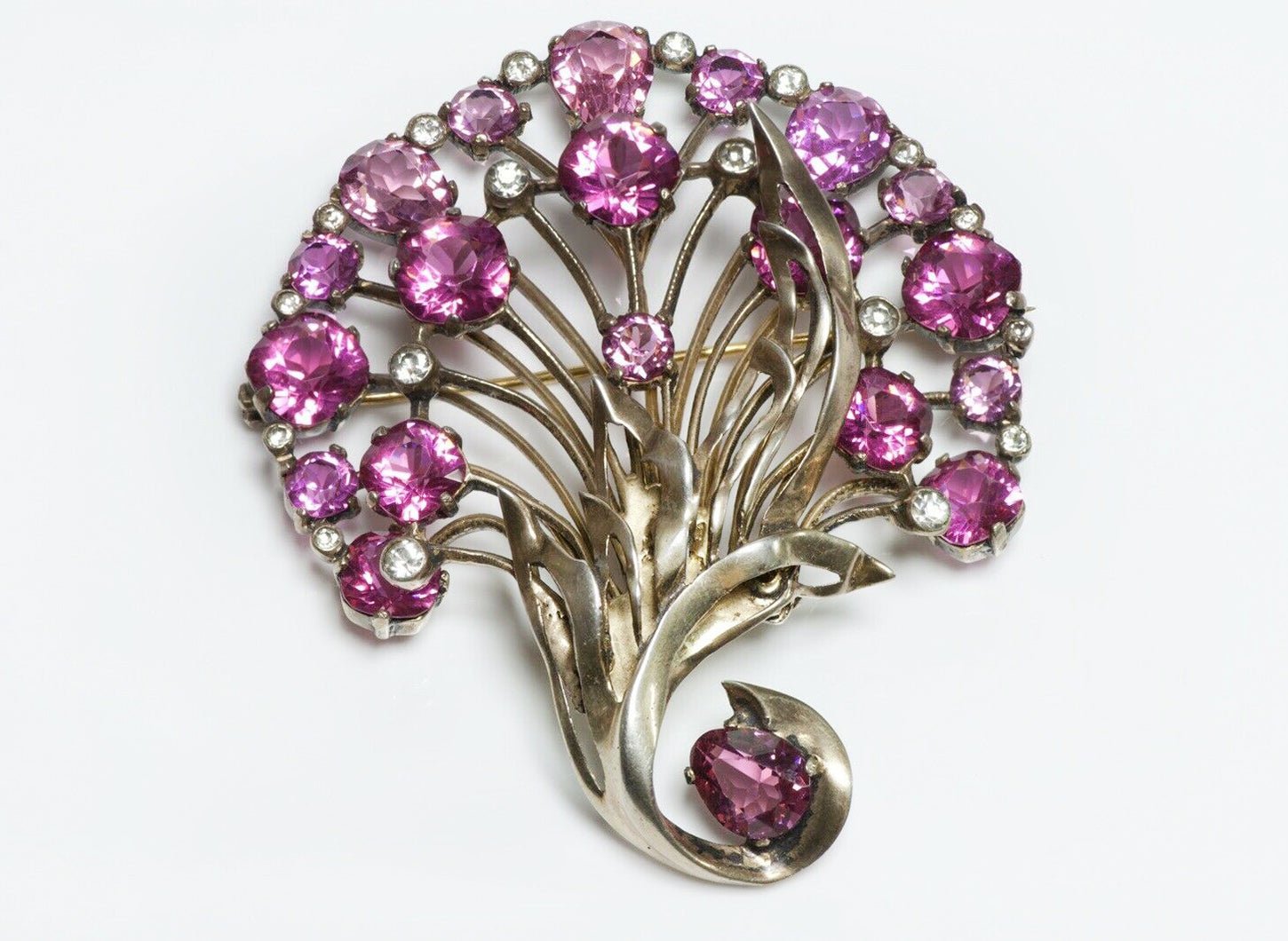 Vintage EISENBERG Sterling Silver Pink Crystal Flower Brooch