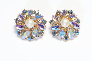 Vintage Elsa Schiaparelli Aurora Borealis Crystal Pearl Flower Earrings