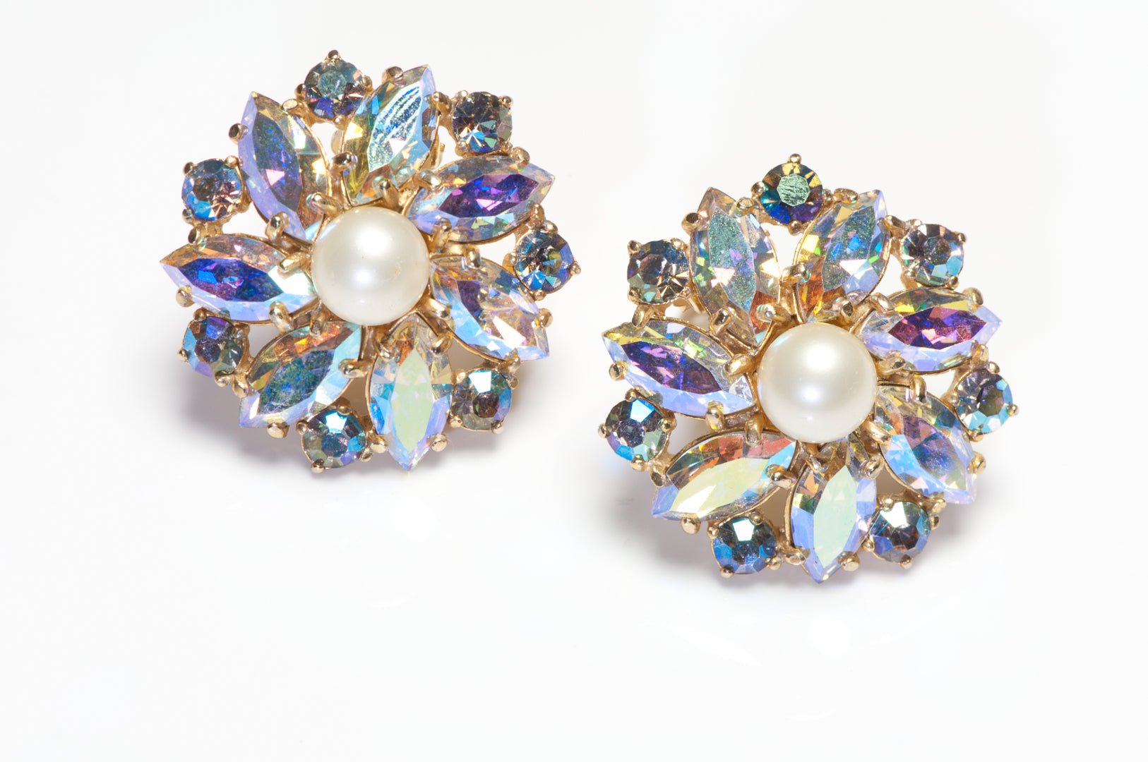 Vintage Elsa Schiaparelli Aurora Borealis Crystal Pearl Flower Earrings