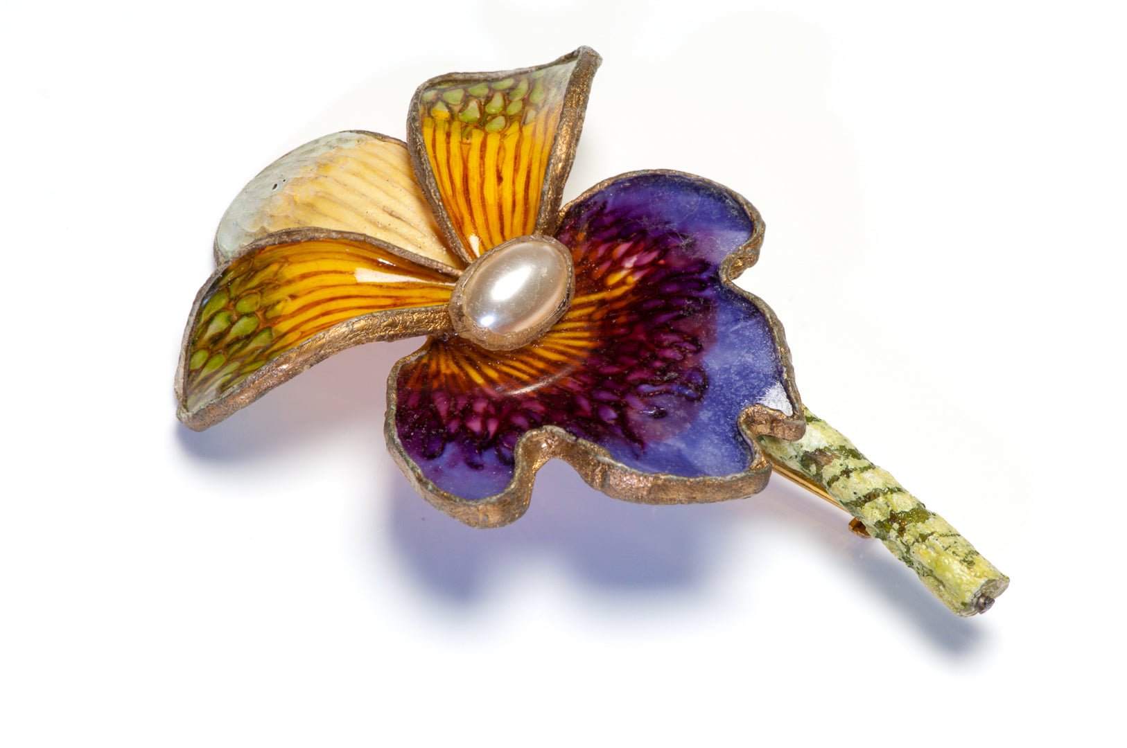Vintage Fabrice Paris Pearl Purple Green Orange Lucite Orchid Flower Brooch