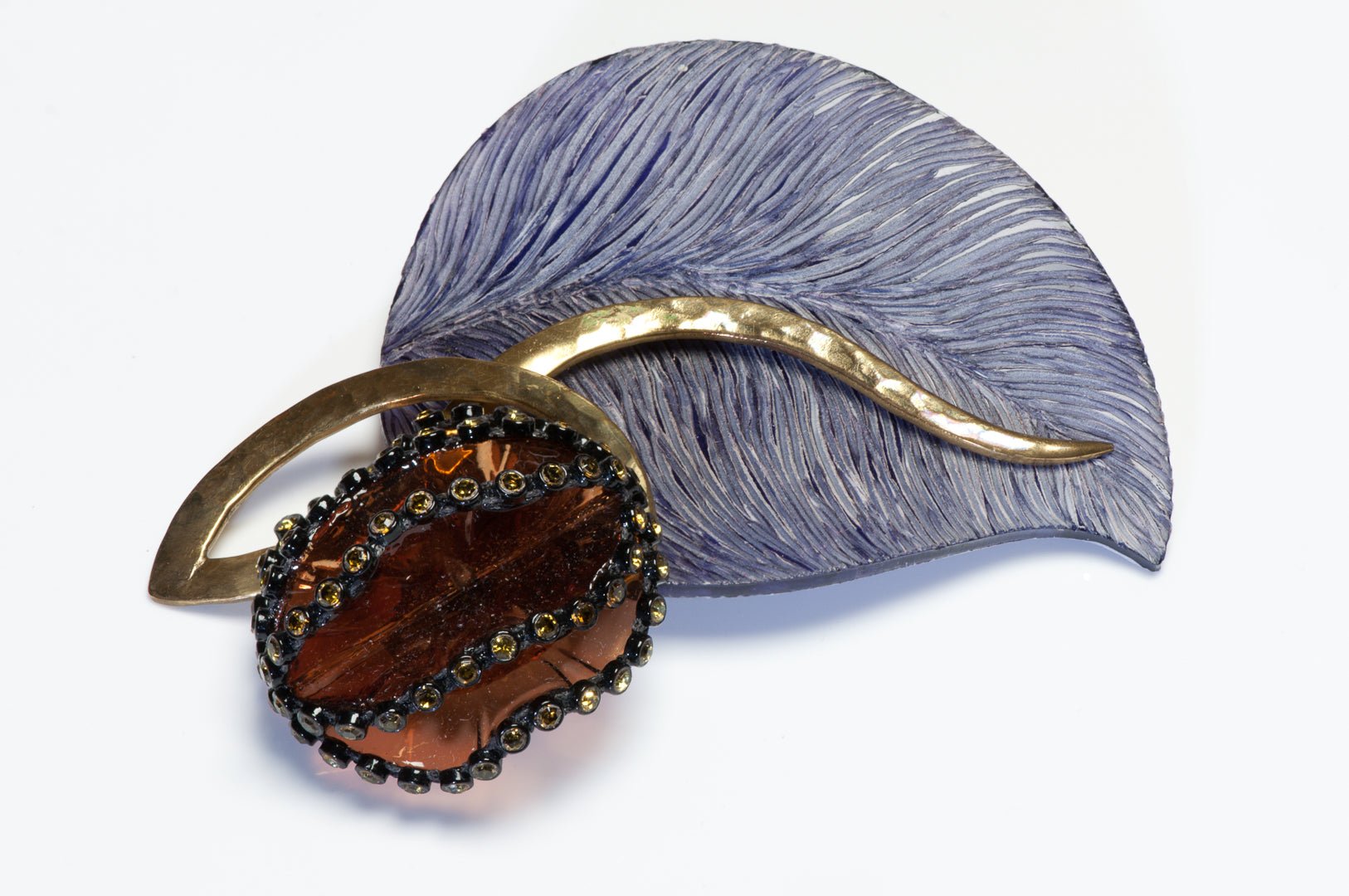 Vintage Fabrice Paris Purple Brown Resin Crystal Leaf Flower Brooch