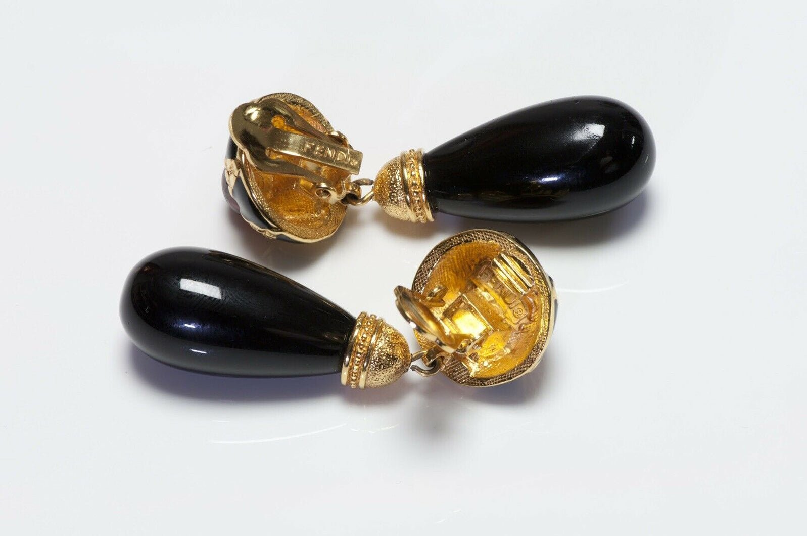 Vintage FENDI Black Enamel Red Glass Drop Earrings
